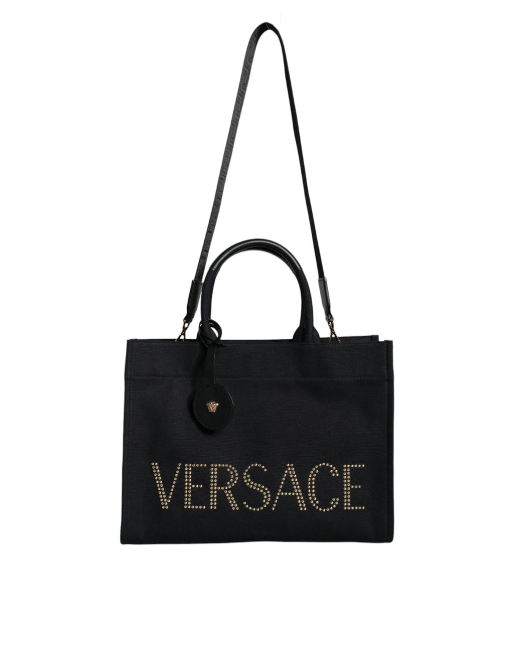Versace Black Top Handle Canvas Leather Logo Crossbody Tote Bag by Versace