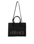Versace Black Top Handle Canvas Leather Logo Crossbody Tote Bag by Versace