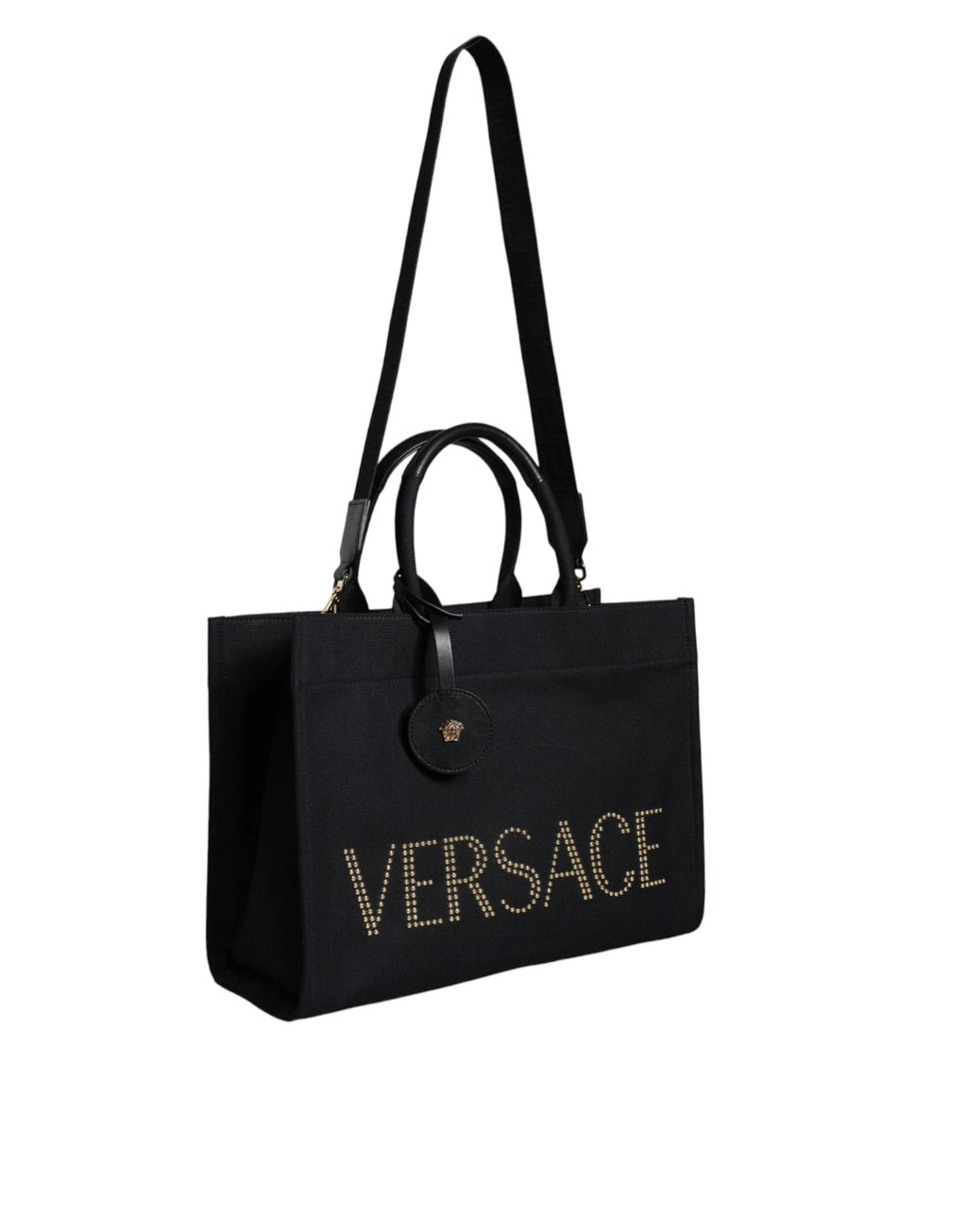 Versace Black Top Handle Canvas Leather Logo Crossbody Tote Bag by Versace