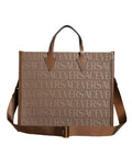 Versace Brown Top Handle Jacquard Leather Logo Crossbody Tote Bag by Versace