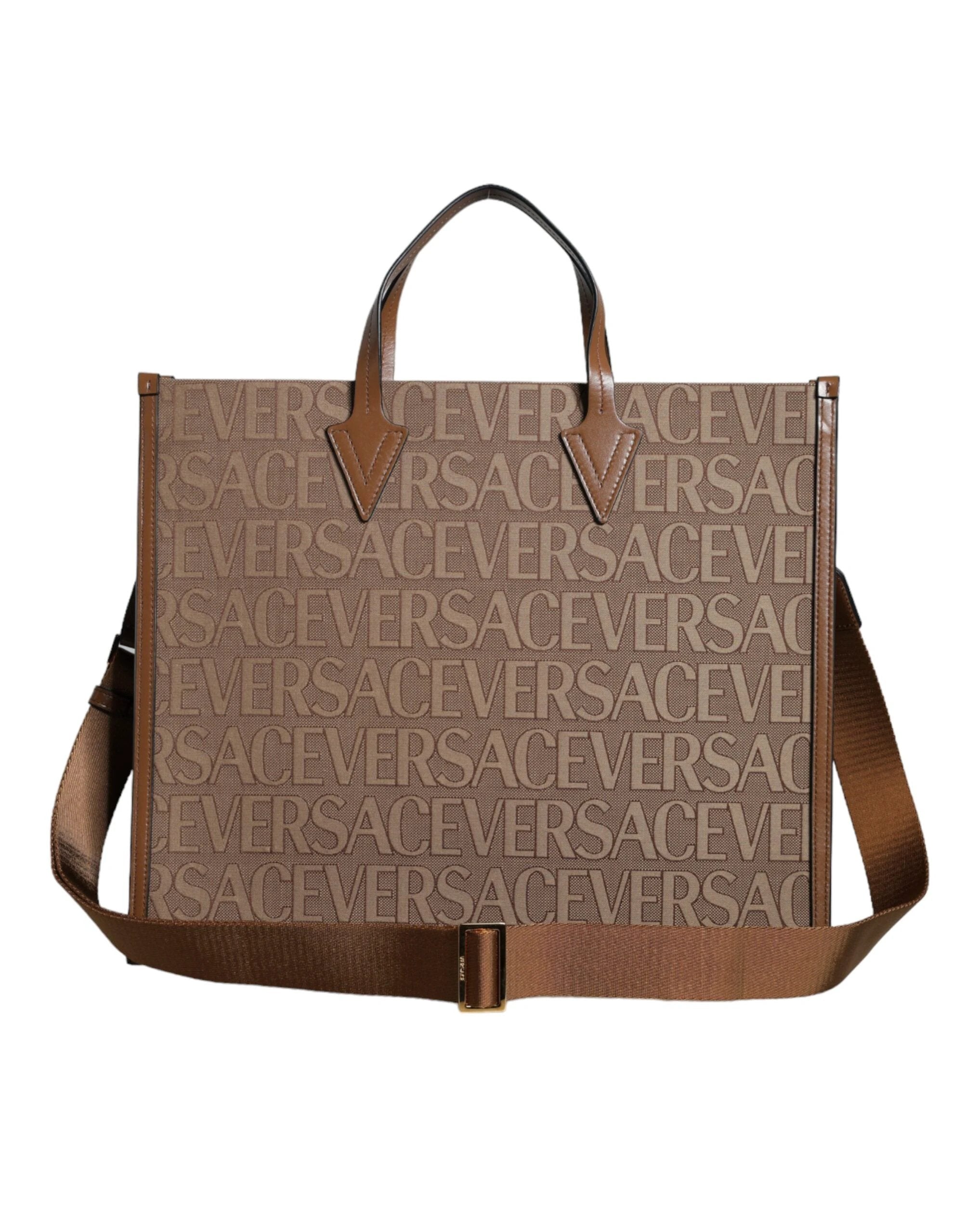 Versace Brown Top Handle Jacquard Leather Logo Crossbody Tote Bag by Versace