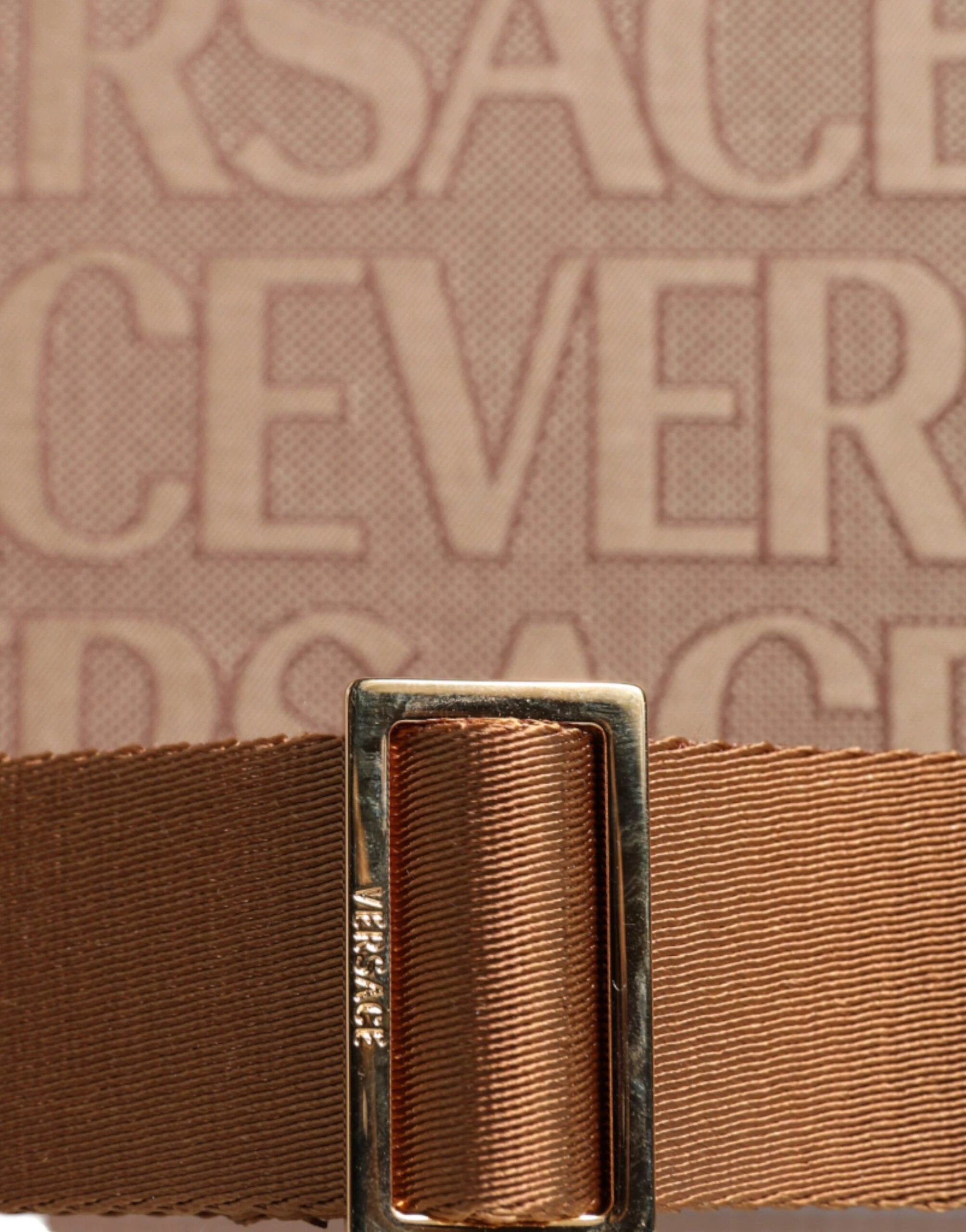 Versace Brown Top Handle Jacquard Leather Logo Crossbody Tote Bag by Versace