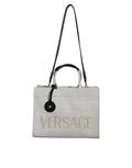 Versace White Top Handle Canvas Leather Logo Crossbody Tote Bag by Versace