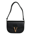 Versace Black Grainy Calf Leather Logo Crossbody Shoulder Bag by Versace
