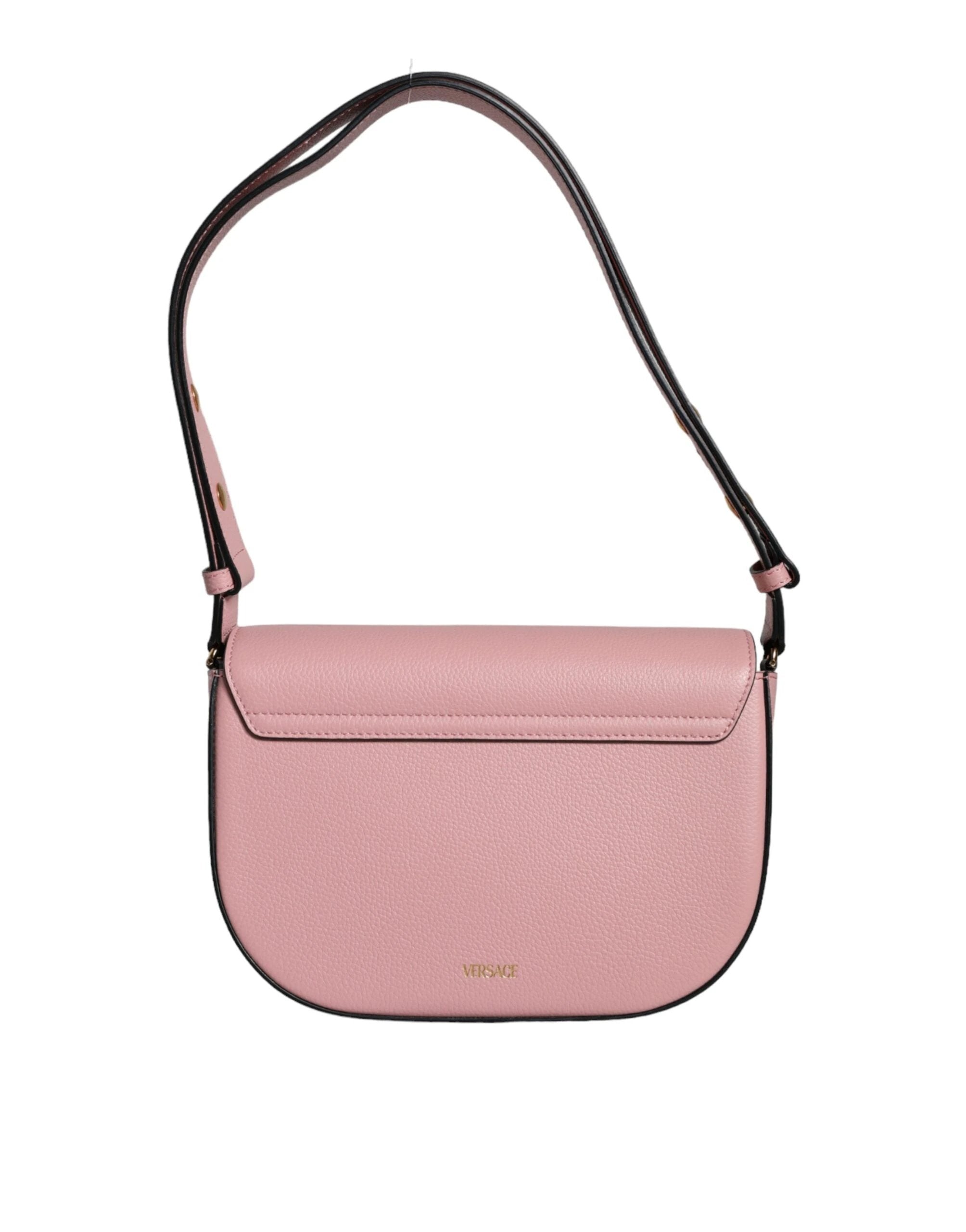 Versace Pink Grainy Calf Leather Logo Crossbody Shoulder Bag by Versace