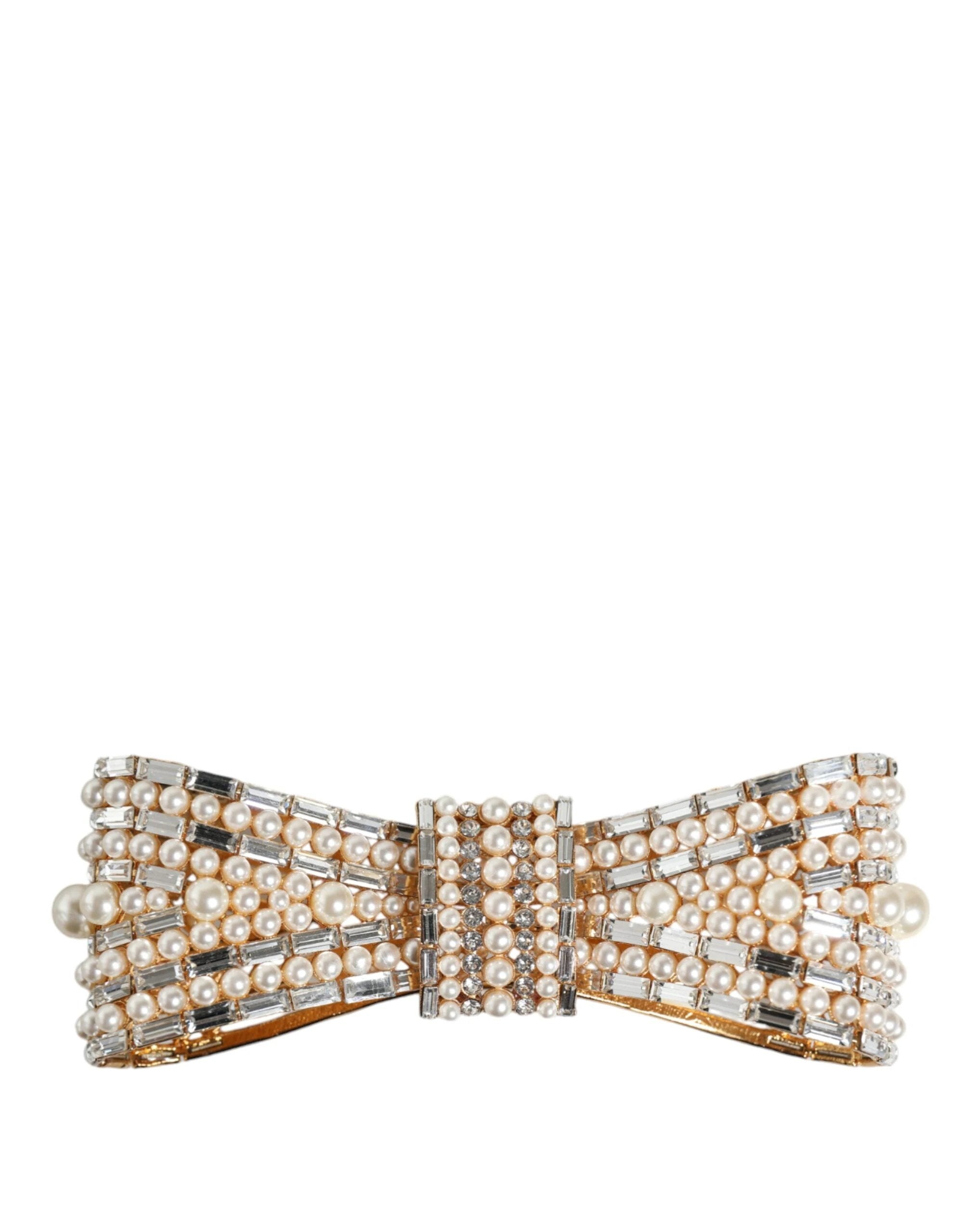 Dolce & Gabbana Gold Tone Brass Bow Crystal FauxPearl Embellished Brooch by Dolce & Gabbana