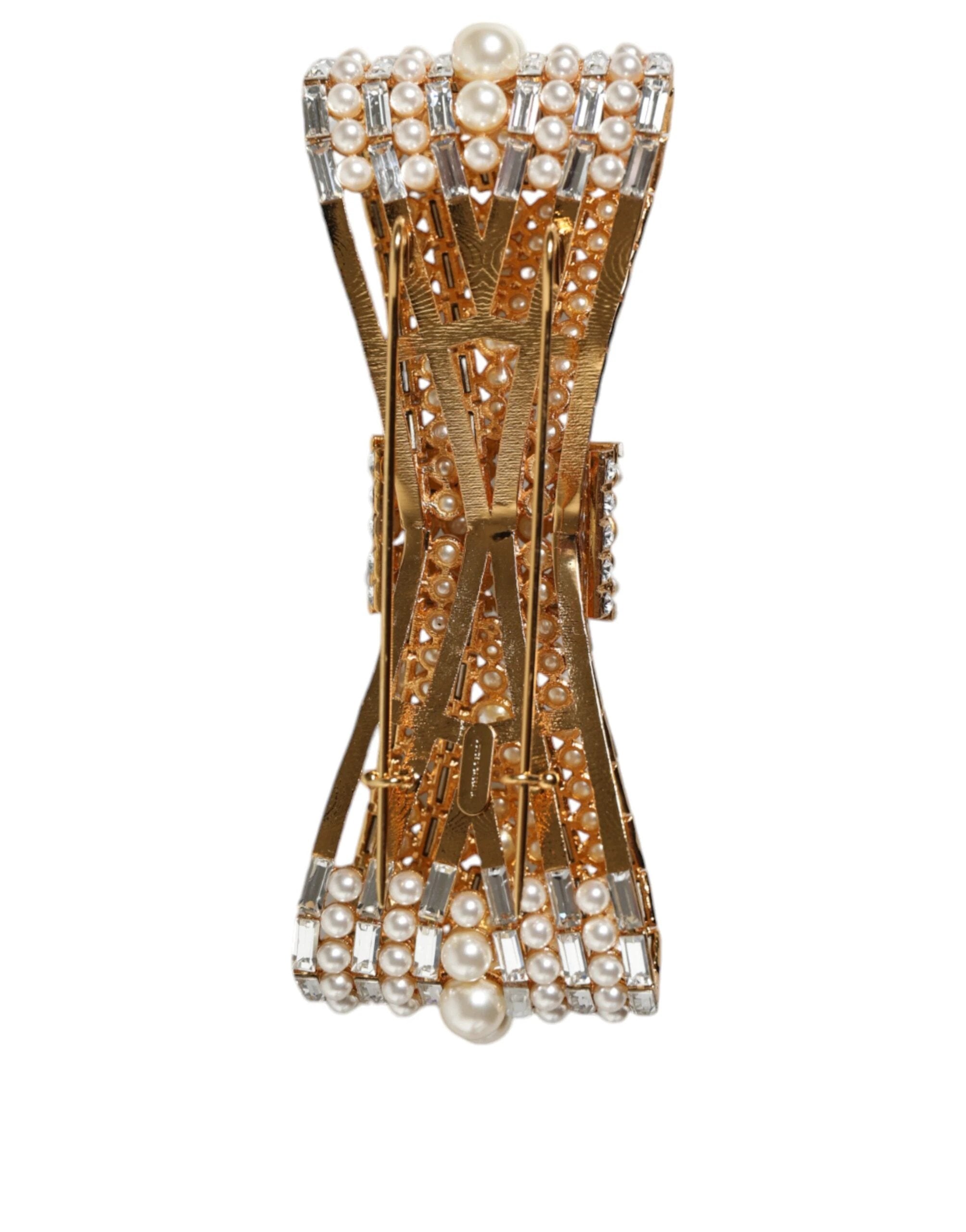 Dolce & Gabbana Gold Tone Brass Bow Crystal FauxPearl Embellished Brooch by Dolce & Gabbana