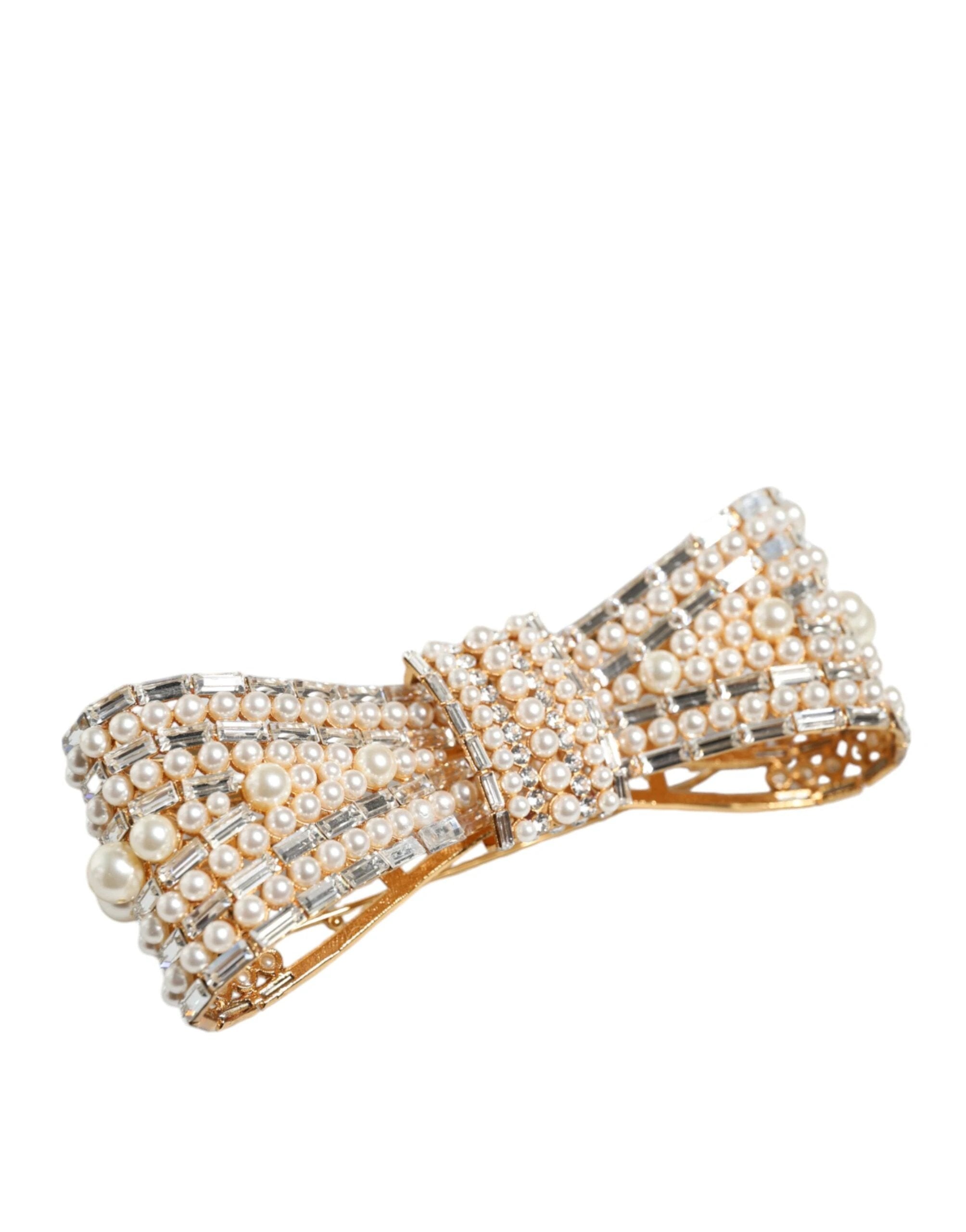 Dolce & Gabbana Gold Tone Brass Bow Crystal FauxPearl Embellished Brooch by Dolce & Gabbana