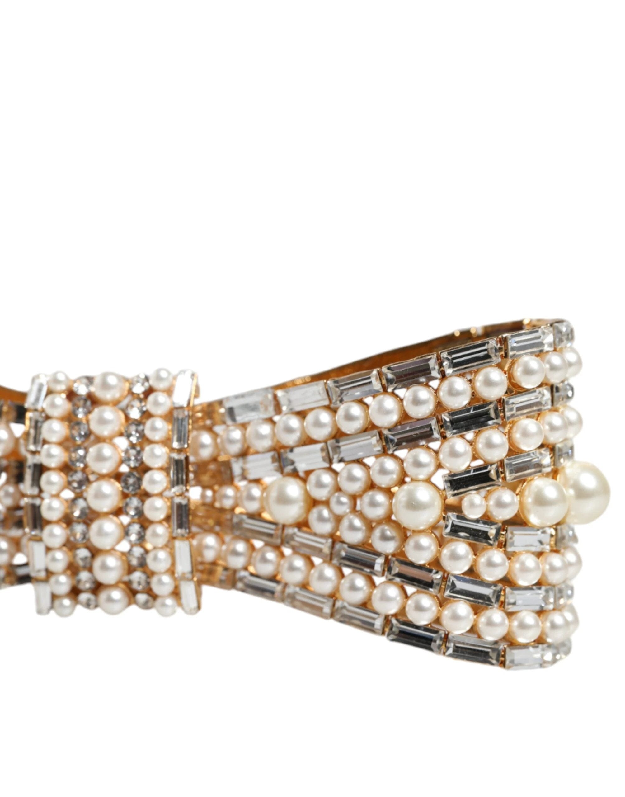 Dolce & Gabbana Gold Tone Brass Bow Crystal FauxPearl Embellished Brooch by Dolce & Gabbana