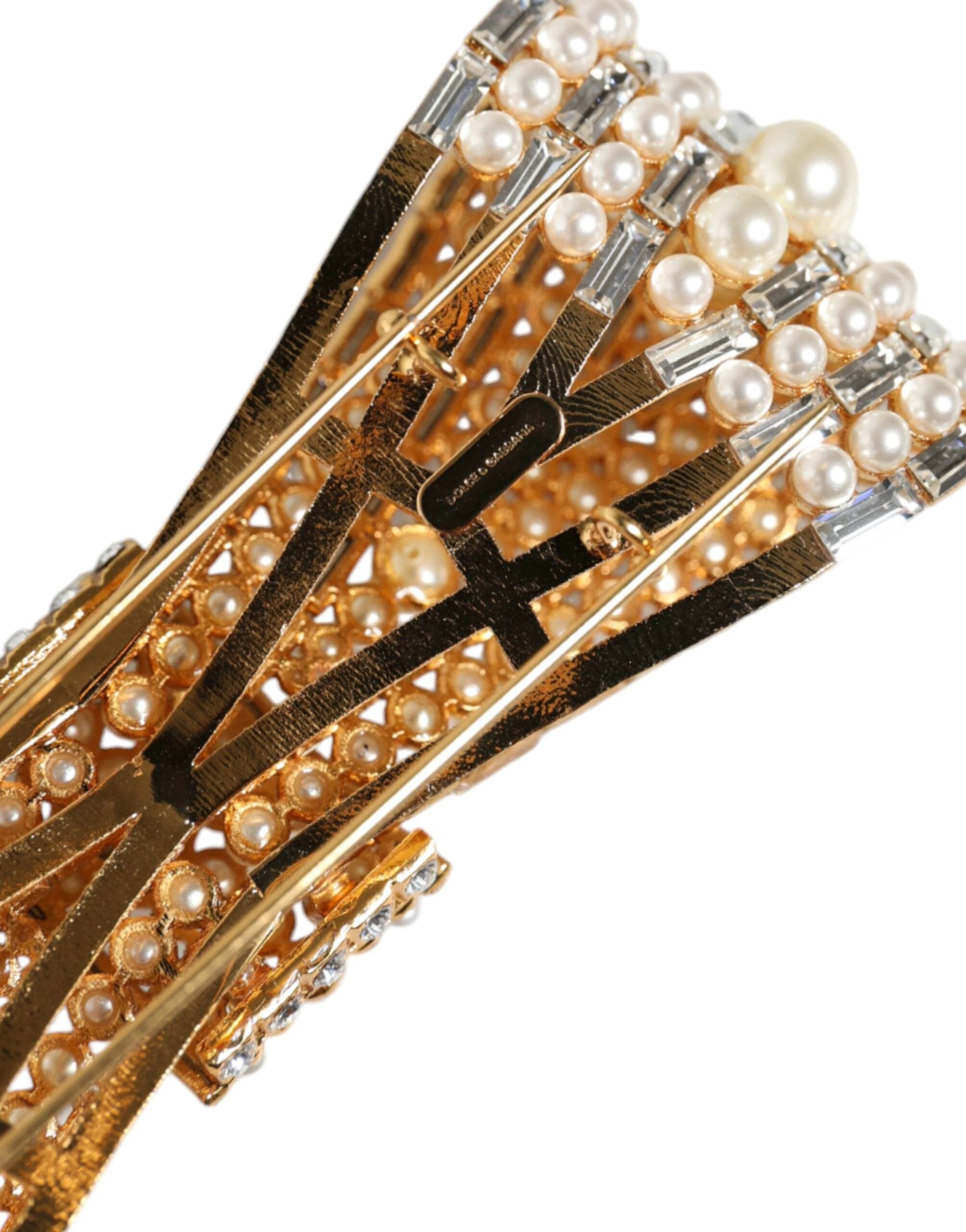 Dolce & Gabbana Gold Tone Brass Bow Crystal FauxPearl Embellished Brooch by Dolce & Gabbana