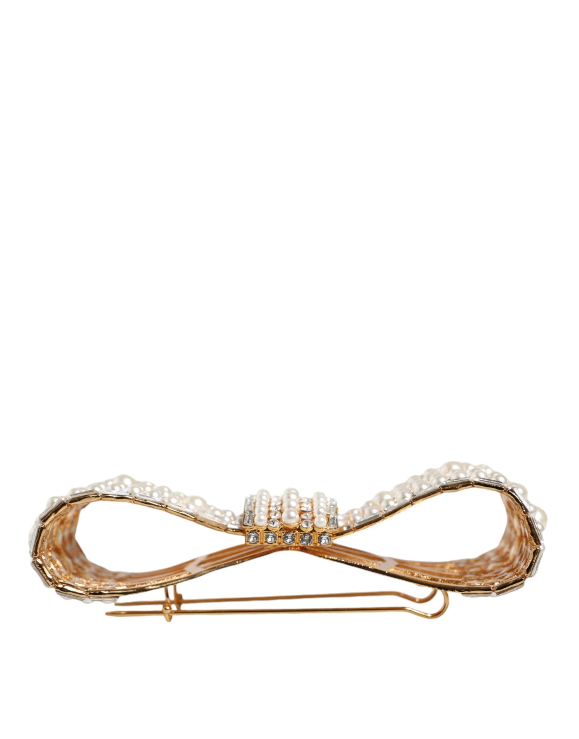 Dolce & Gabbana Gold Tone Brass Bow Crystal FauxPearl Embellished Brooch by Dolce & Gabbana