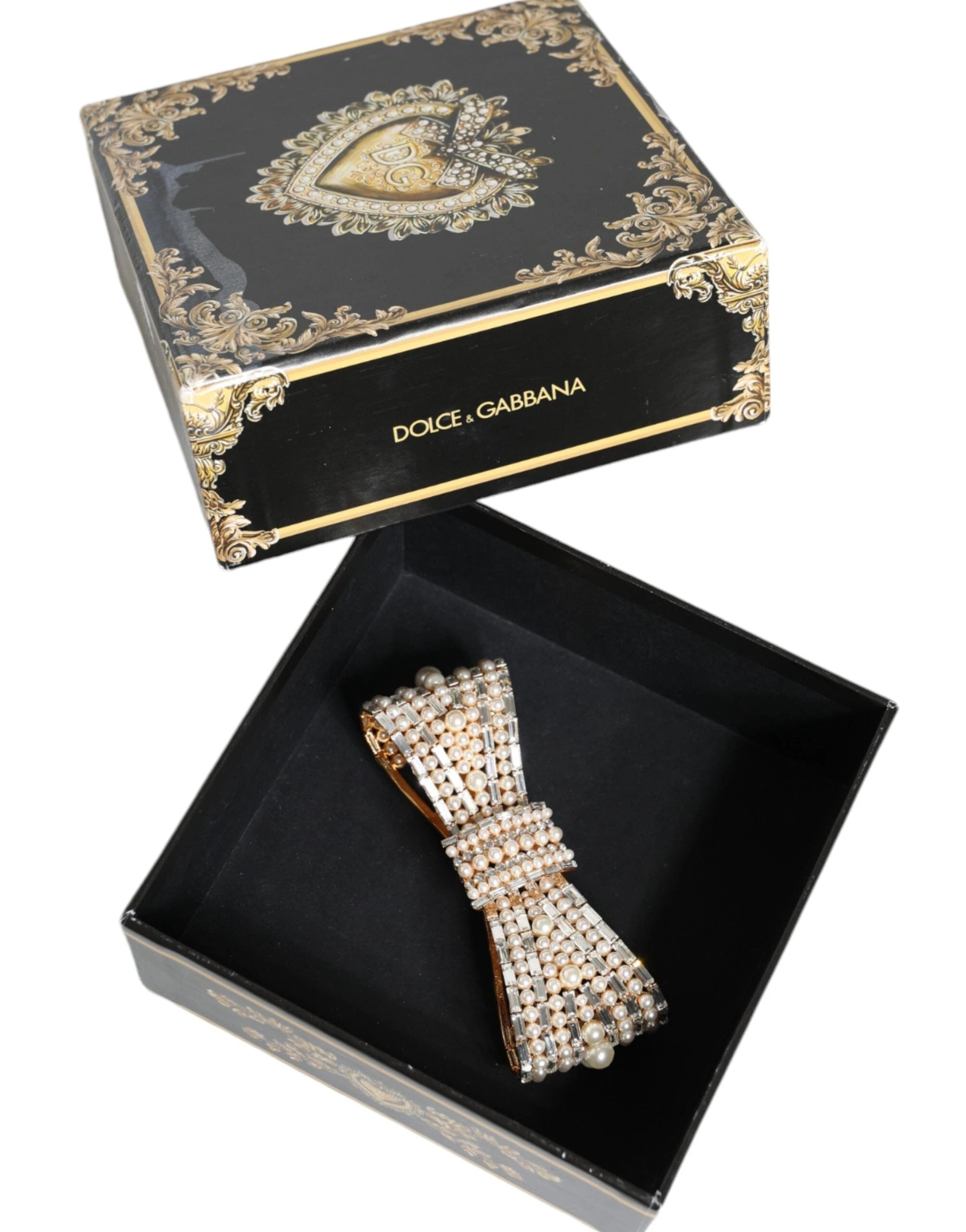 Dolce & Gabbana Gold Tone Brass Bow Crystal FauxPearl Embellished Brooch by Dolce & Gabbana