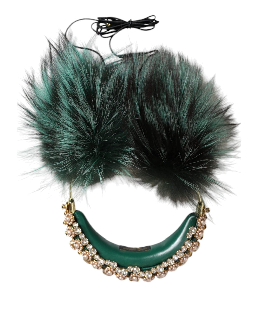 Dolce & Gabbana Green Gold Crystal Fur Headset Audio AUX Headphones by Dolce & Gabbana