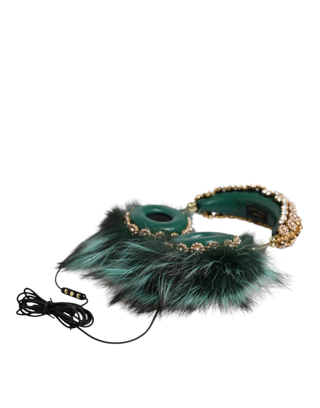 Dolce & Gabbana Green Gold Crystal Fur Headset Audio AUX Headphones by Dolce & Gabbana