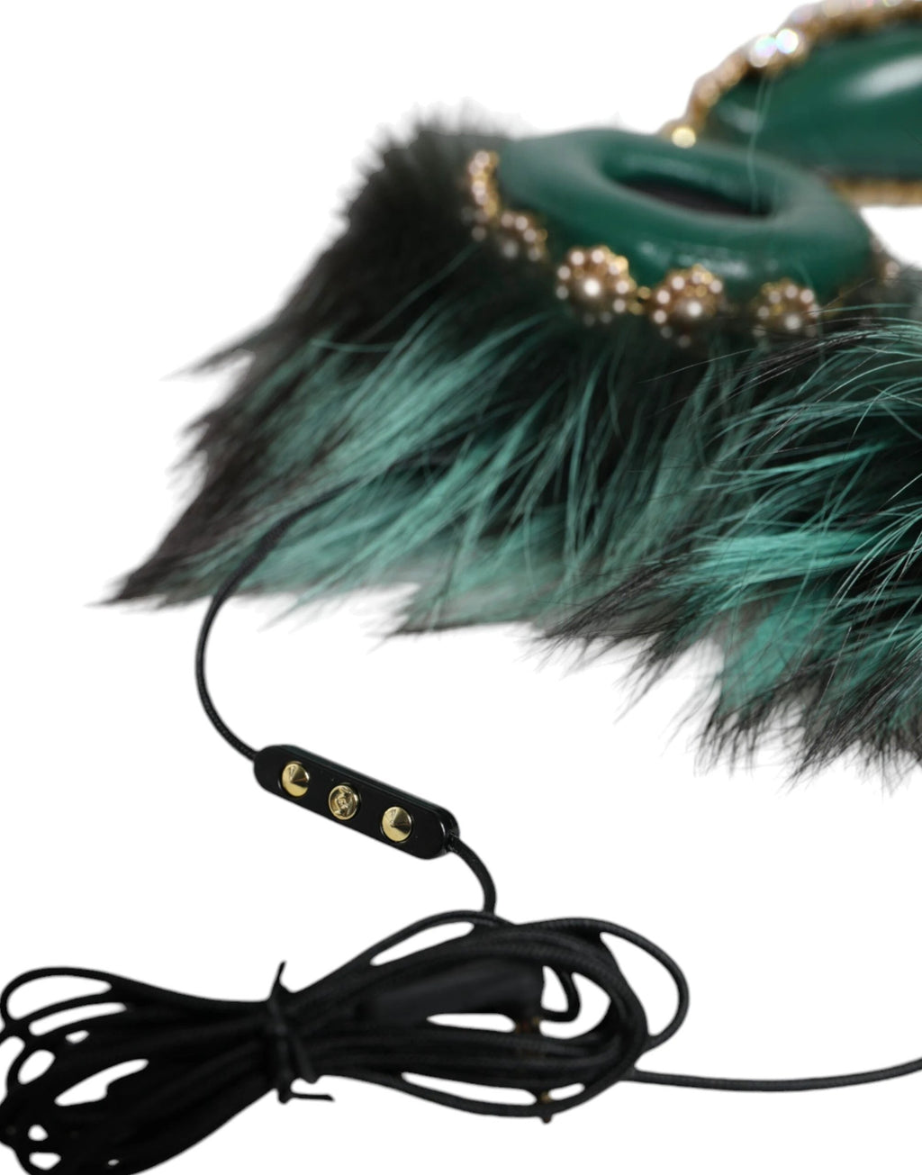 Dolce & Gabbana Green Gold Crystal Fur Headset Audio AUX Headphones by Dolce & Gabbana
