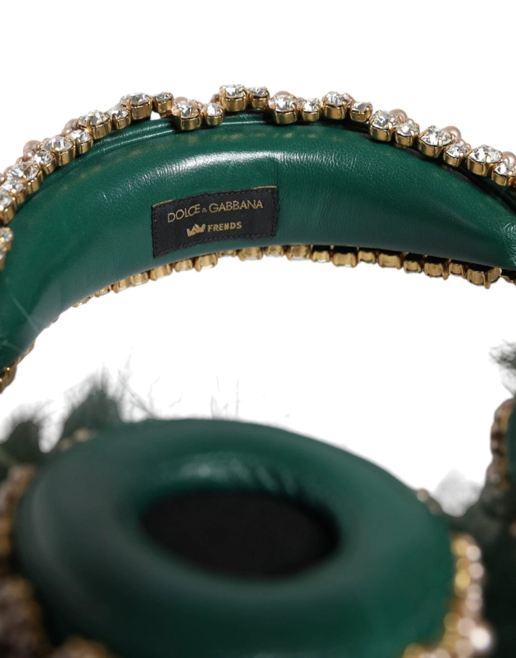 Dolce & Gabbana Green Gold Crystal Fur Headset Audio AUX Headphones by Dolce & Gabbana