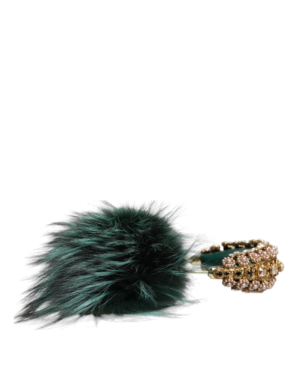 Dolce & Gabbana Green Gold Crystal Fur Headset Audio AUX Headphones by Dolce & Gabbana