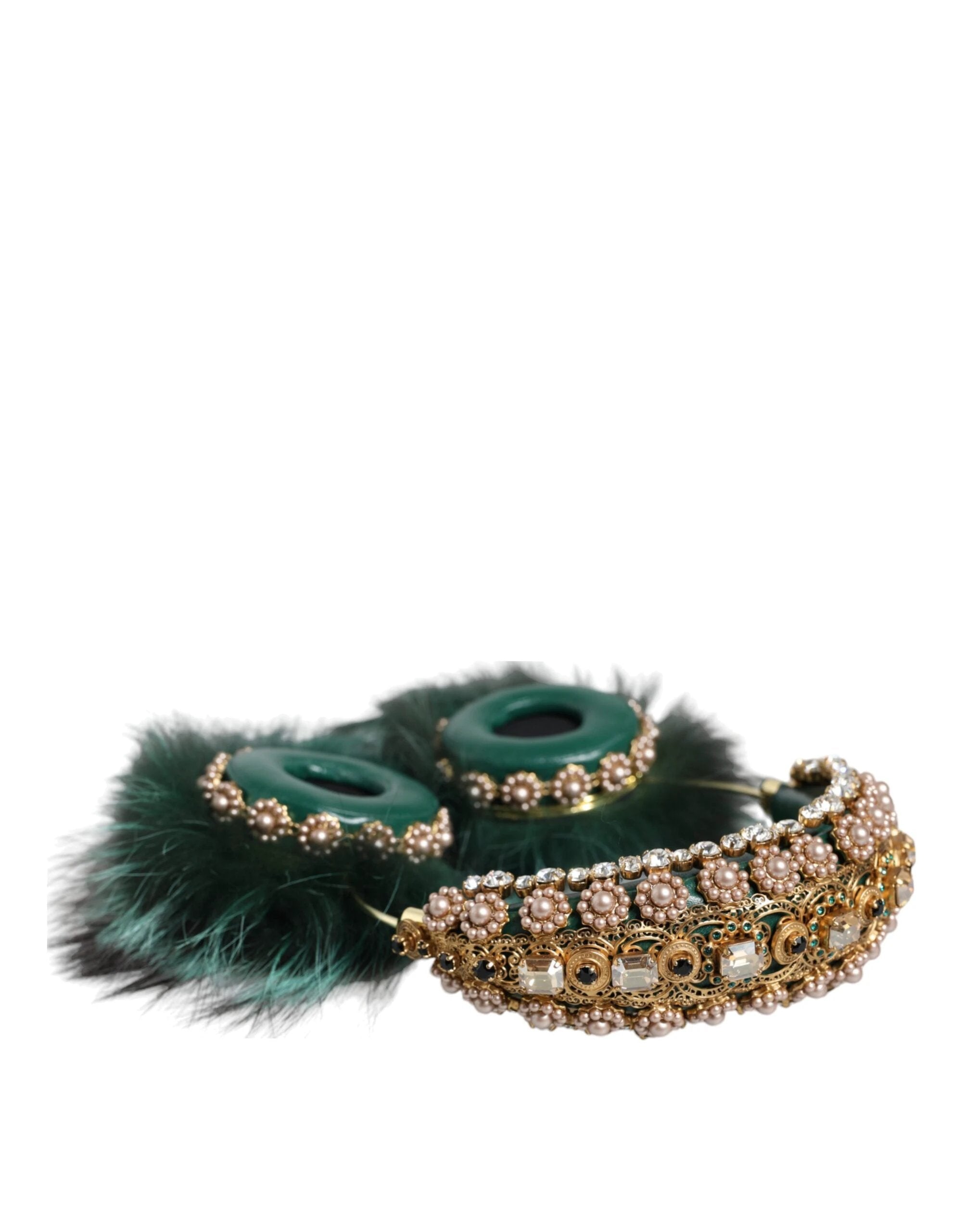 Dolce & Gabbana Green Gold Crystal Fur Headset Audio AUX Headphones by Dolce & Gabbana