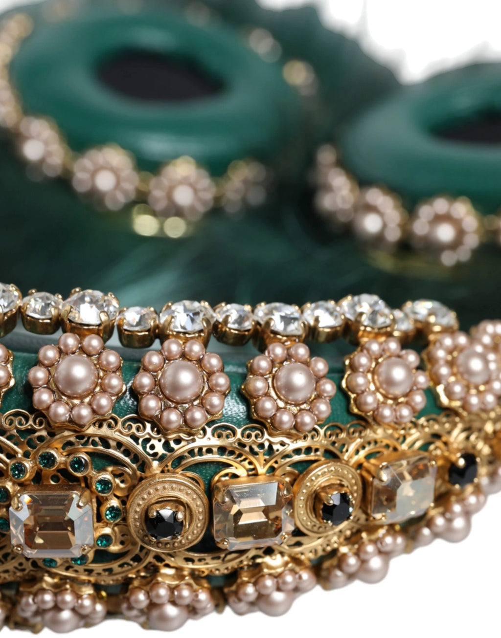 Dolce & Gabbana Green Gold Crystal Fur Headset Audio AUX Headphones by Dolce & Gabbana