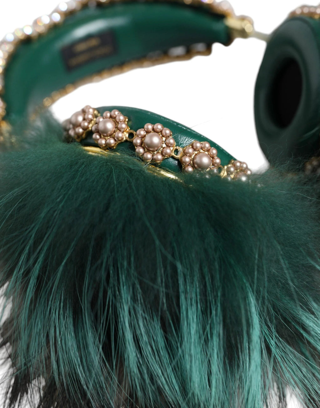 Dolce & Gabbana Green Gold Crystal Fur Headset Audio AUX Headphones by Dolce & Gabbana