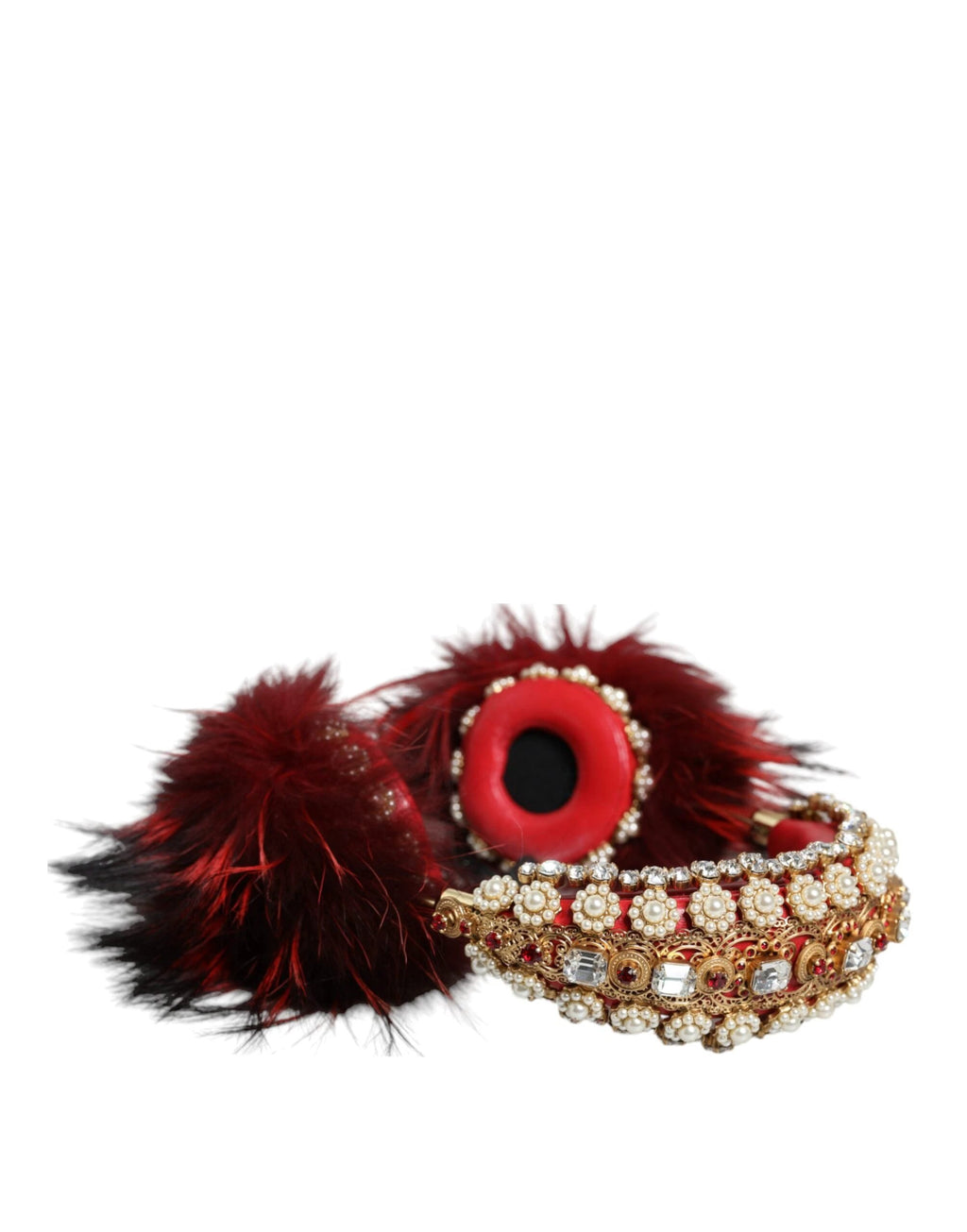 Dolce & Gabbana Red Gold Crystal Fur Headset Audio AUX Headphones by Dolce & Gabbana