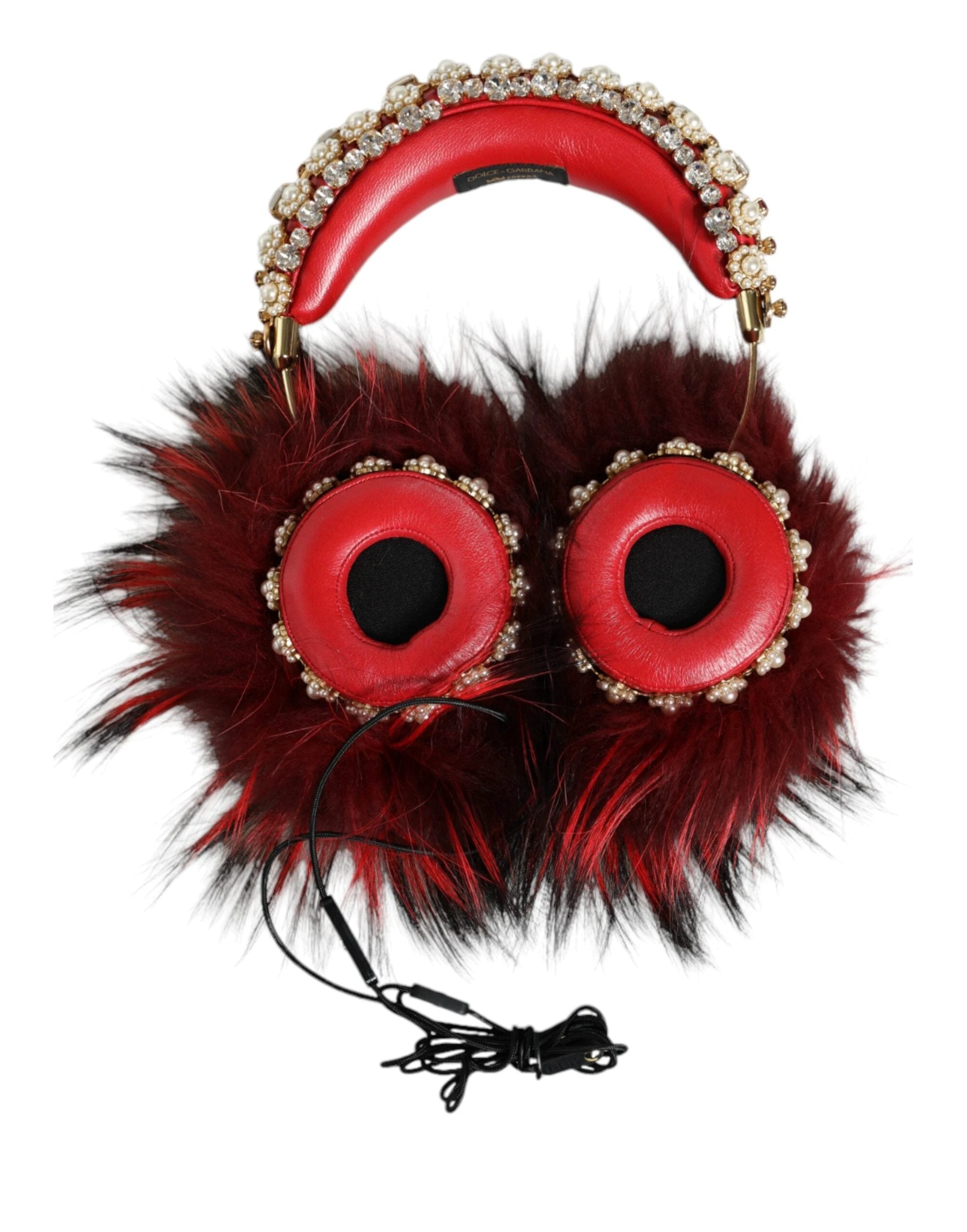 Dolce & Gabbana Red Gold Crystal Fur Headset Audio AUX Headphones by Dolce & Gabbana