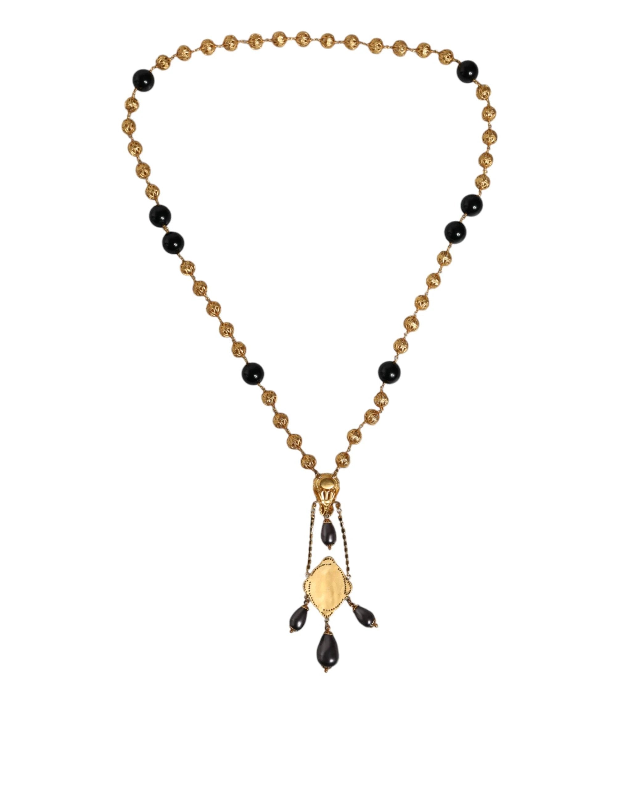 Dolce & Gabbana Gold Chain Brass Black Beaded Rosary Style Necklace by Dolce & Gabbana