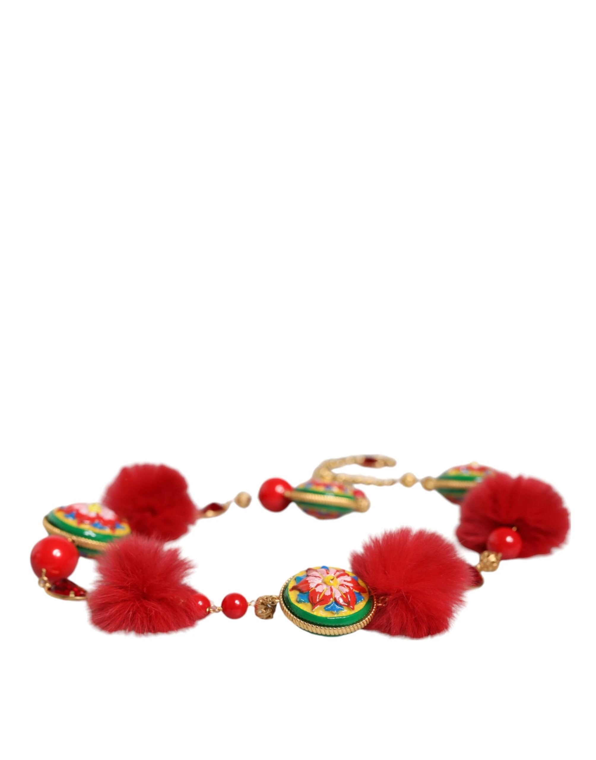Dolce & Gabbana Gold Brass Red Fur Crystal Waist Torero Belt by Dolce & Gabbana