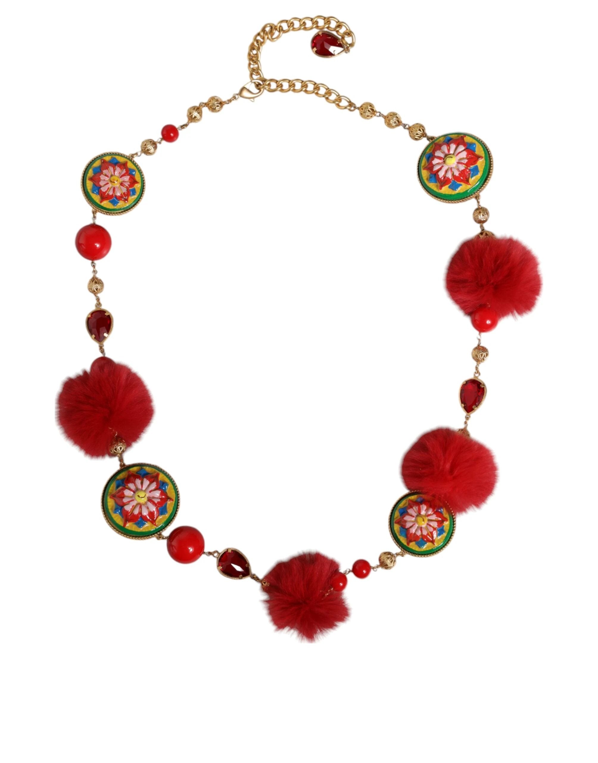 Dolce & Gabbana Gold Brass Red Fur Crystal Waist Torero Belt by Dolce & Gabbana