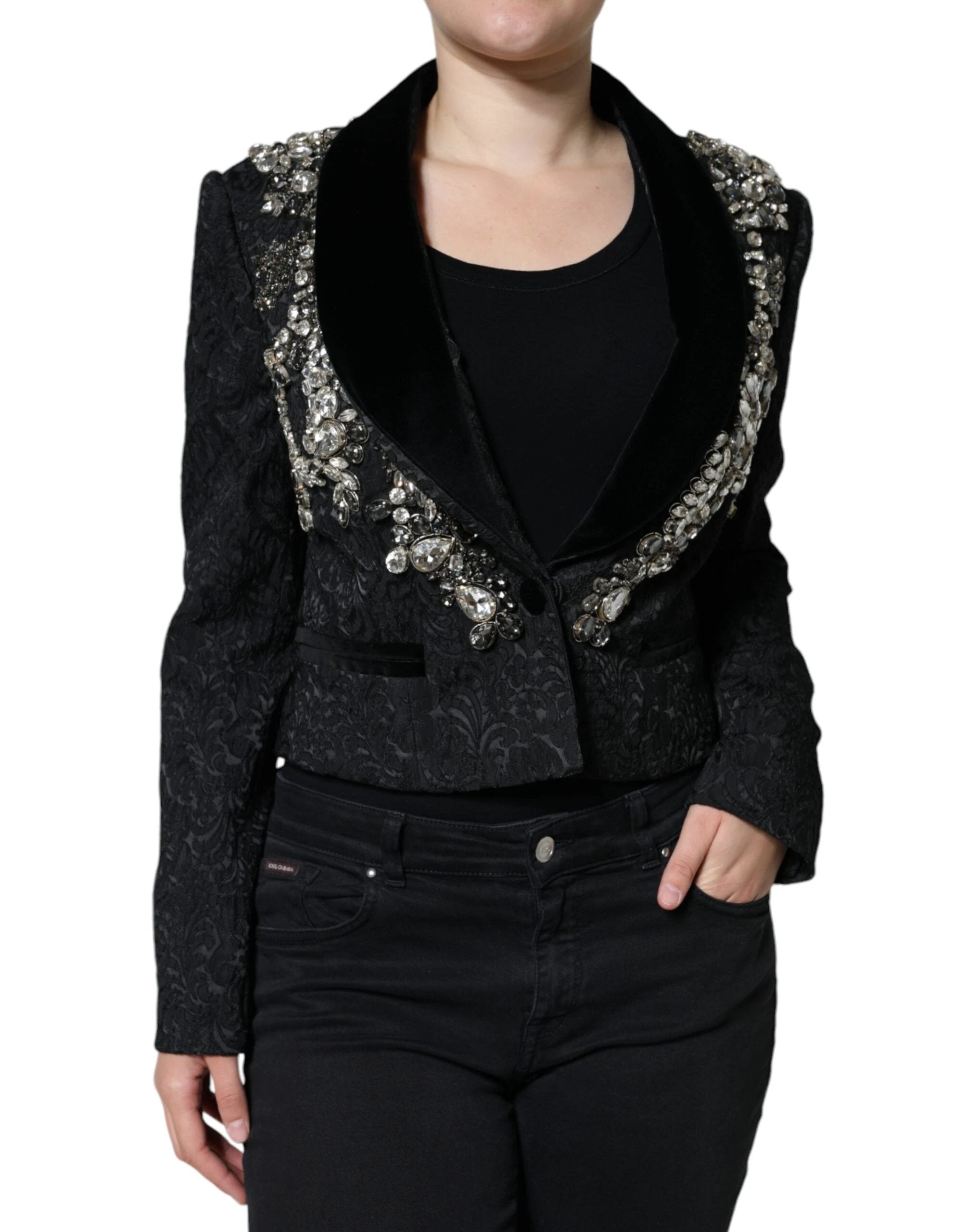 Dolce & Gabbana Black Jacquard Crystal Floral Jacket Blazer by Dolce & Gabbana