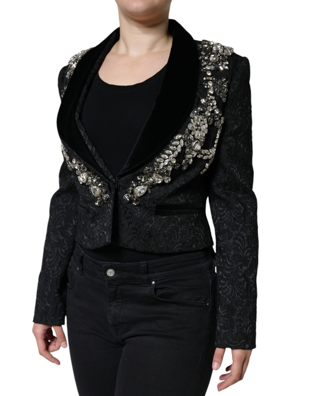 Dolce & Gabbana Black Jacquard Crystal Floral Jacket Blazer by Dolce & Gabbana