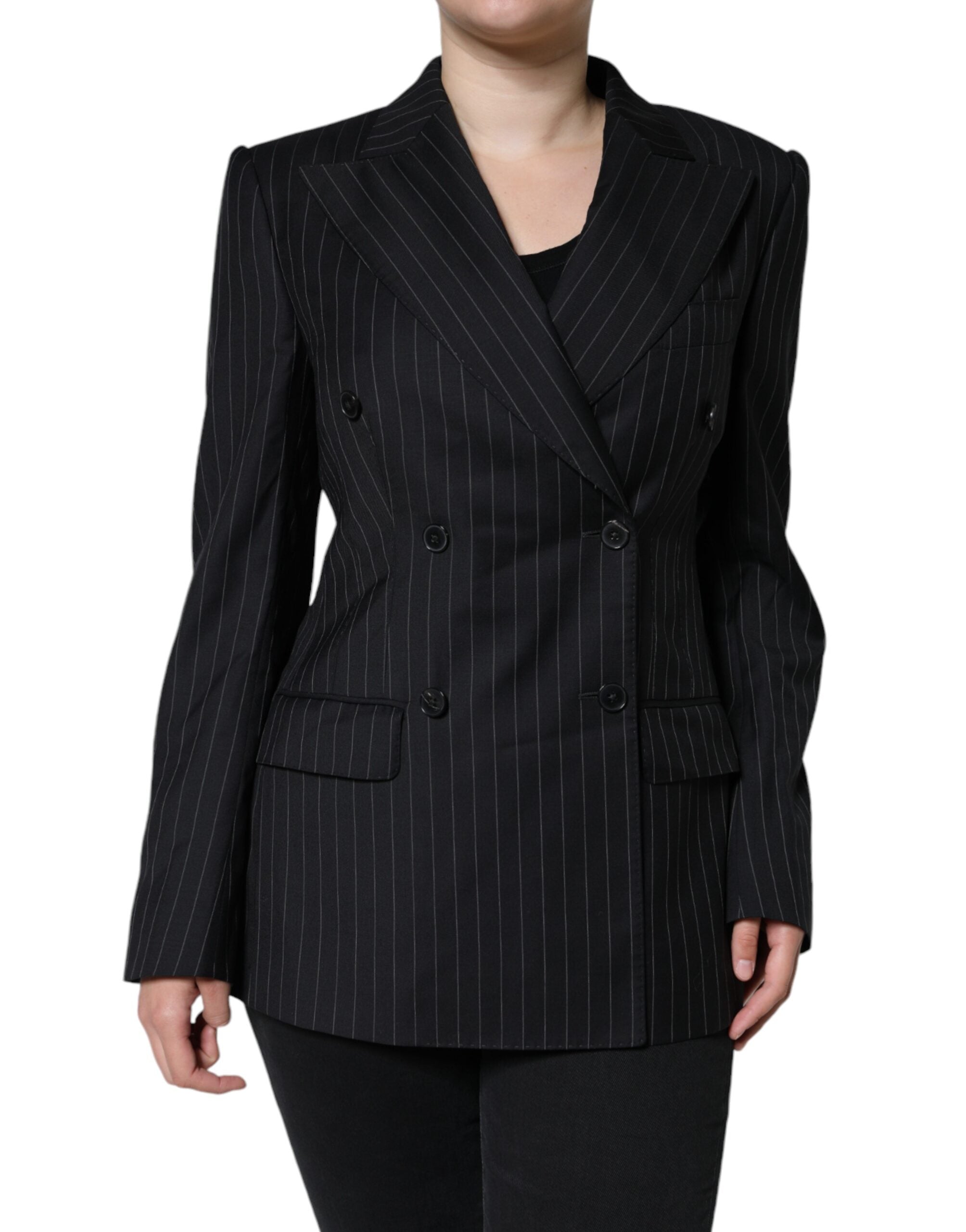 Dolce & Gabbana Black Striped Double Breasted Coat Jacket by Dolce & Gabbana