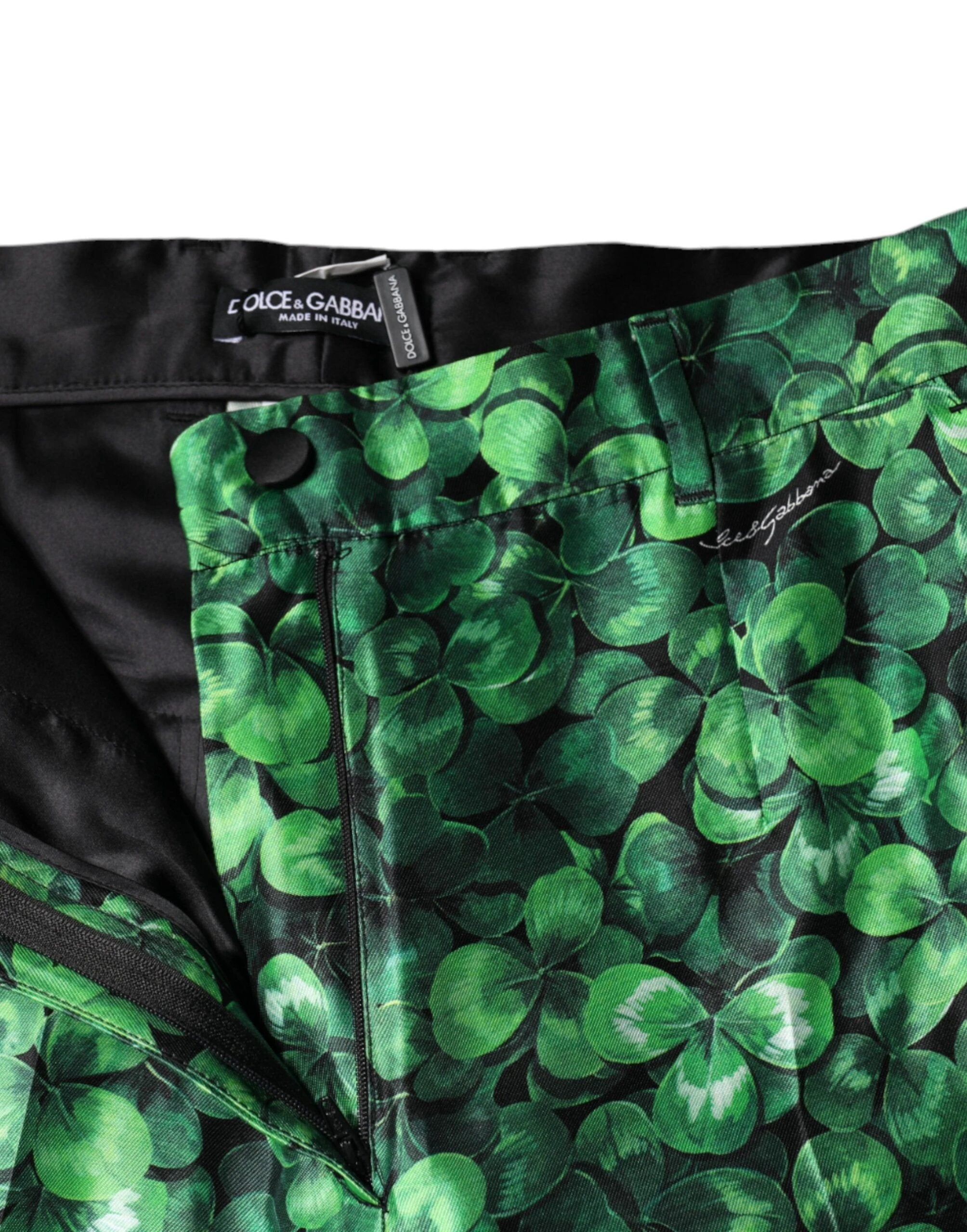 Dolce & Gabbana Green Clover Silk Satin High Waist Tapered Pants by Dolce & Gabbana