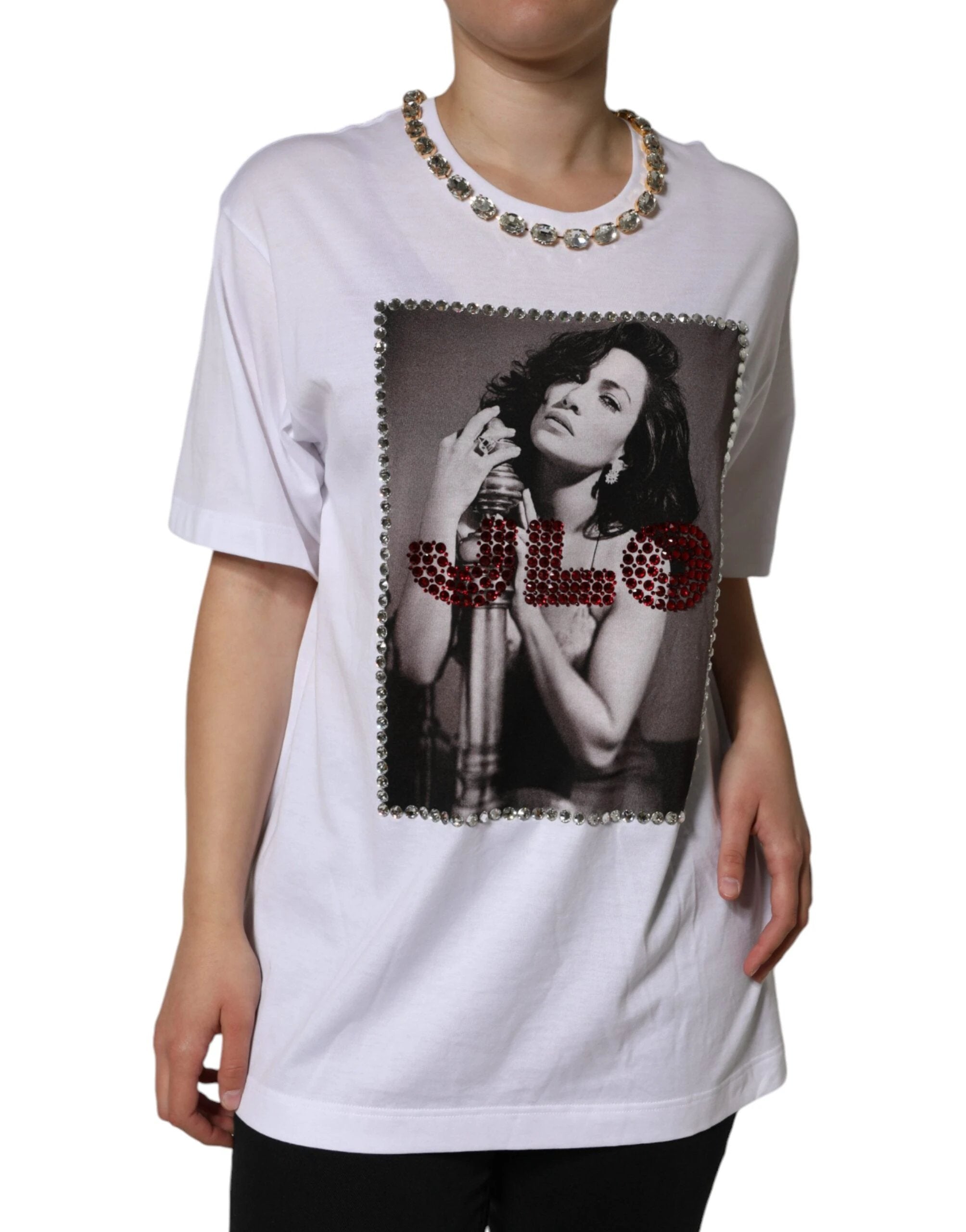 Dolce & Gabbana White Crystal Neckline Embellished Printed T-shirt by Dolce & Gabbana