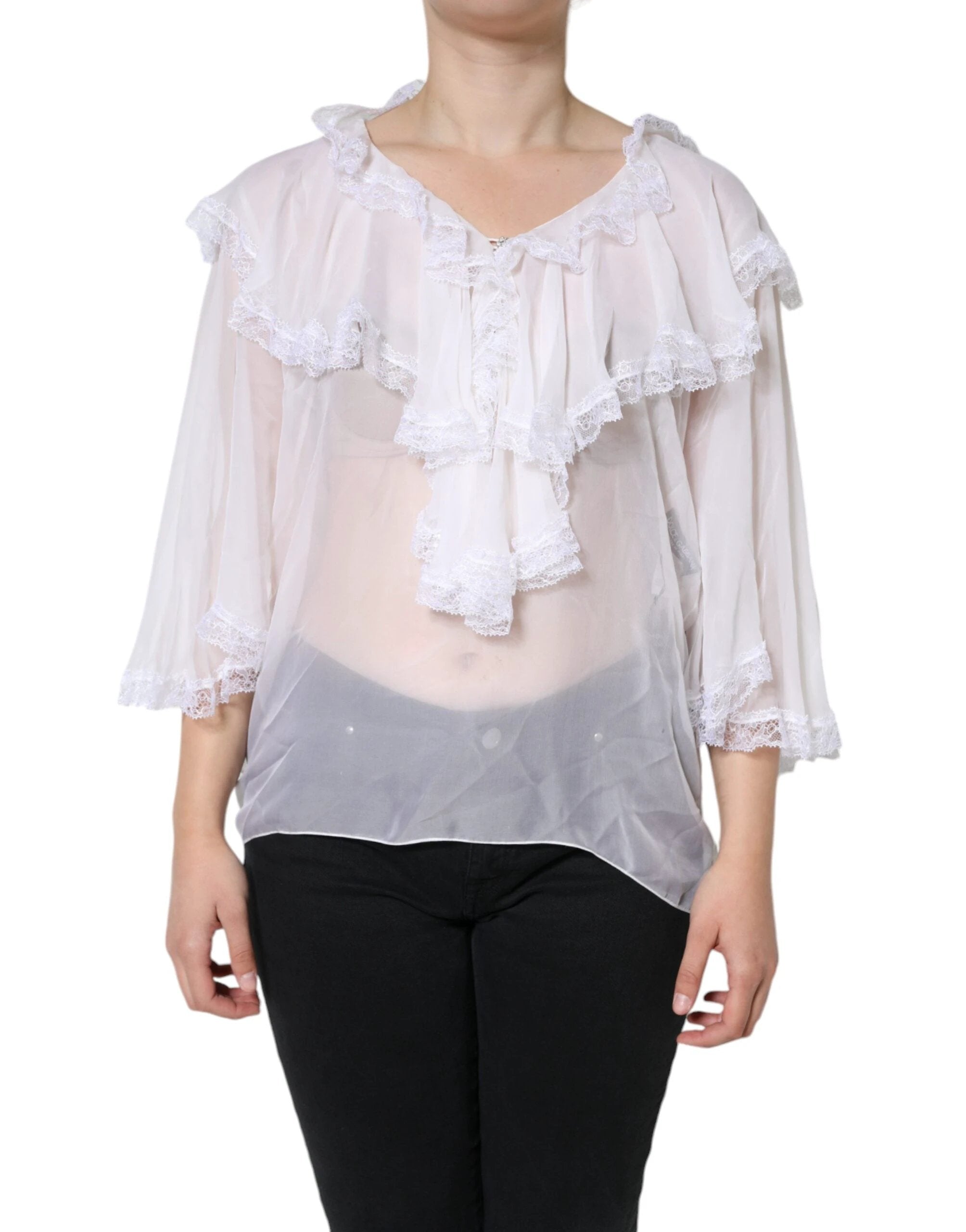 Dolce & Gabbana White Ruffles Lace Long Sleeve Blouse Top by Dolce & Gabbana