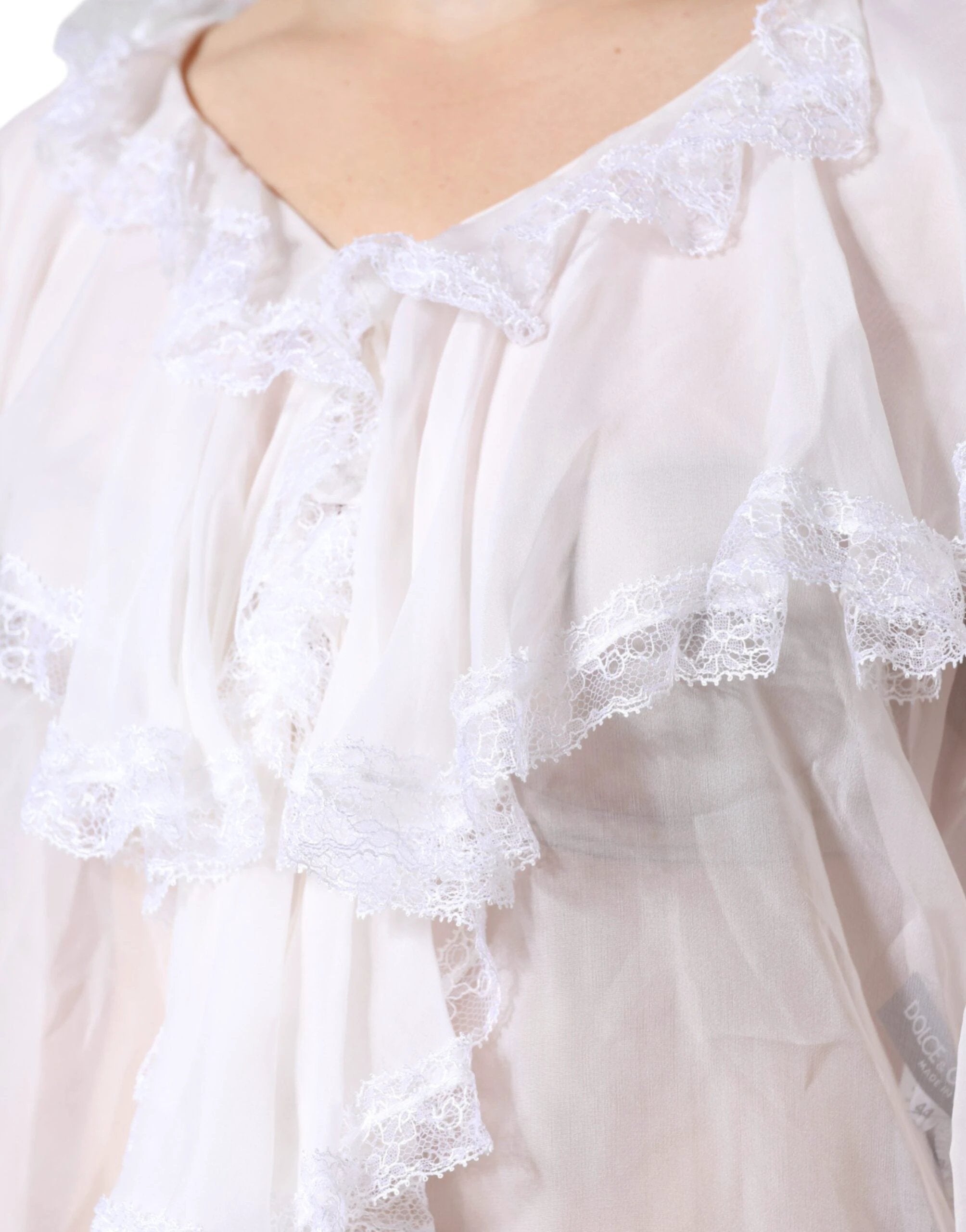 Dolce & Gabbana White Ruffles Lace Long Sleeve Blouse Top by Dolce & Gabbana