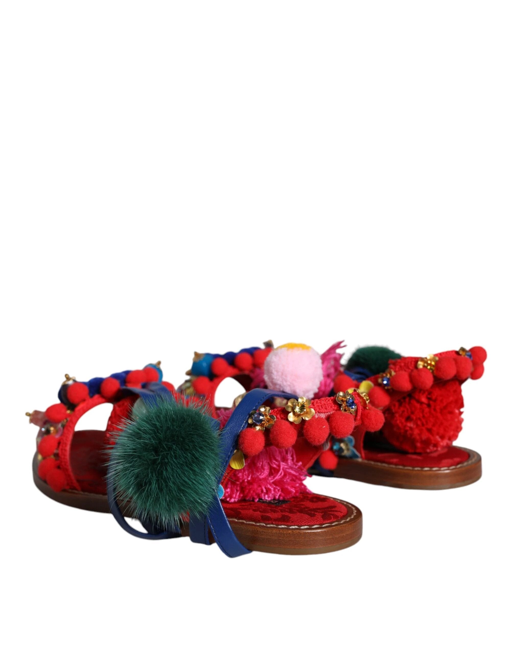 Dolce & Gabbana Multicolor Pom Pom Fur Wrap Sandals Shoes by Dolce & Gabbana