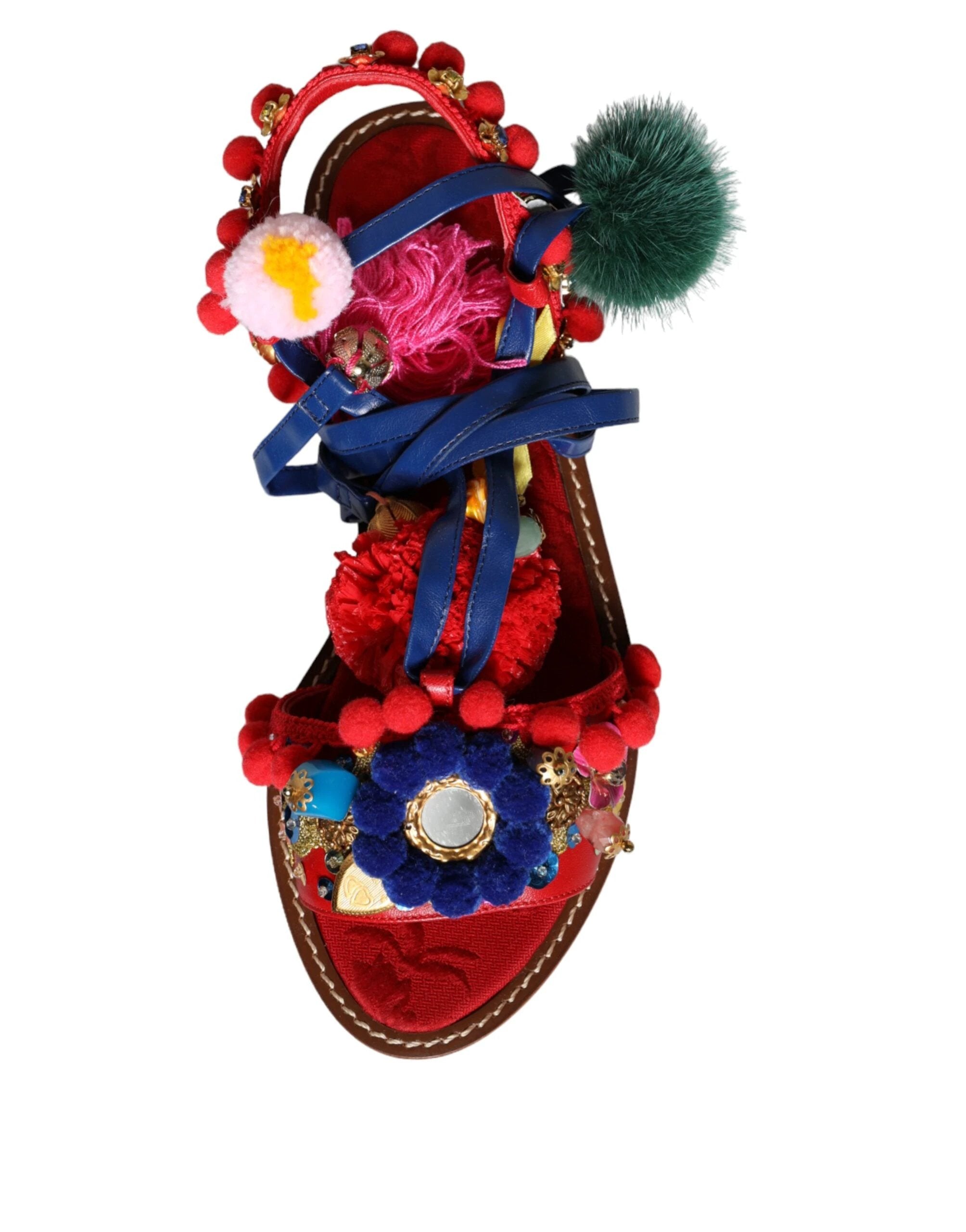 Dolce & Gabbana Multicolor Pom Pom Fur Wrap Sandals Shoes by Dolce & Gabbana