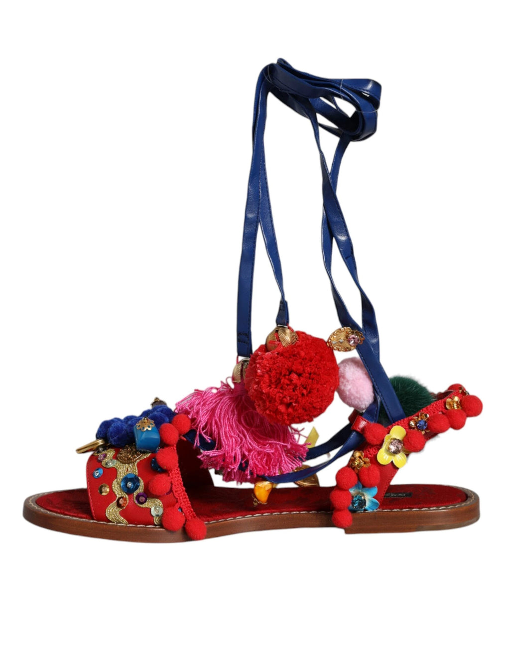 Dolce & Gabbana Multicolor Pom Pom Fur Wrap Sandals Shoes by Dolce & Gabbana