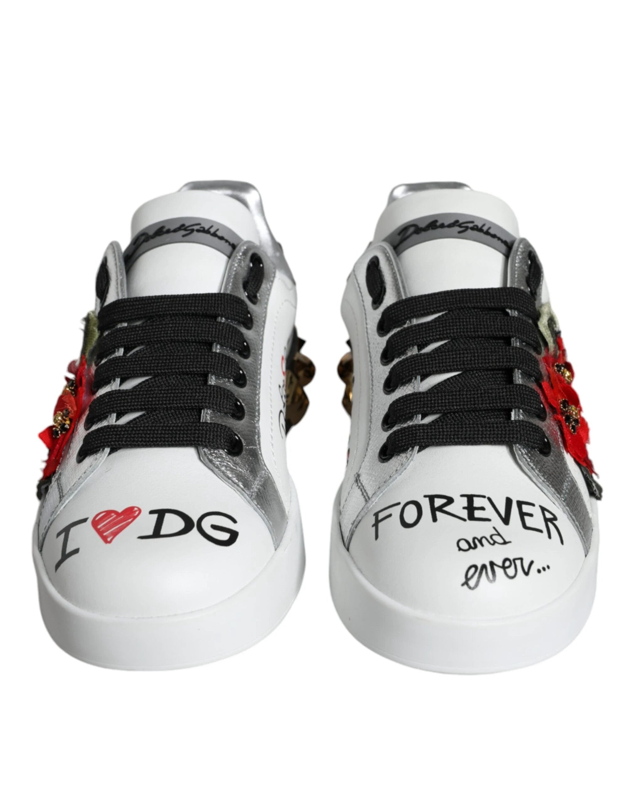 Dolce & Gabbana White Leather Floral Studded Sneakers Shoes by Dolce & Gabbana