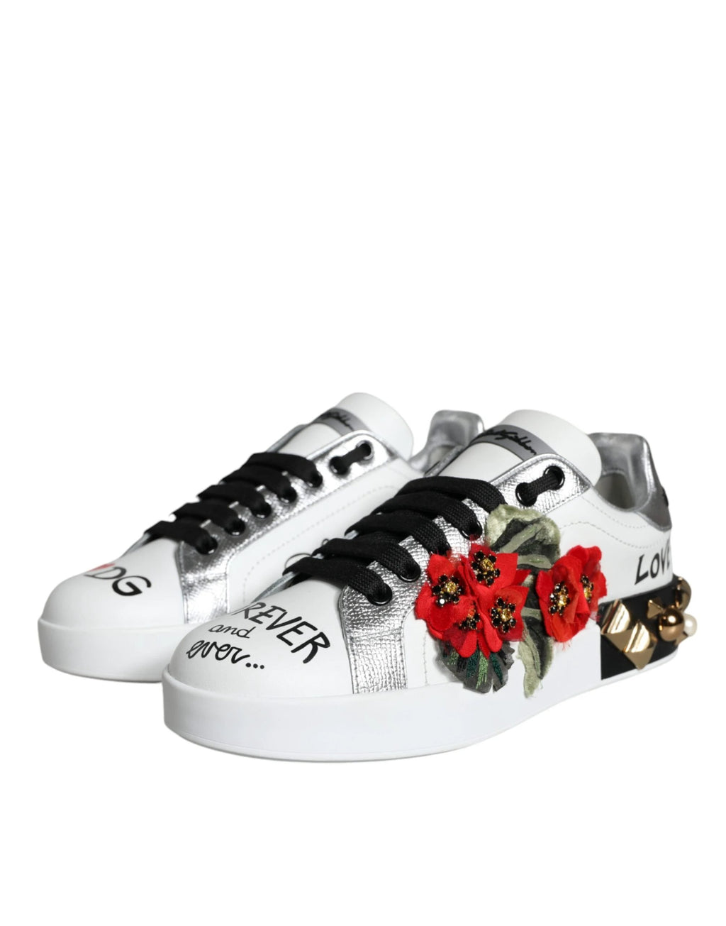Dolce & Gabbana White Leather Floral Studded Sneakers Shoes by Dolce & Gabbana