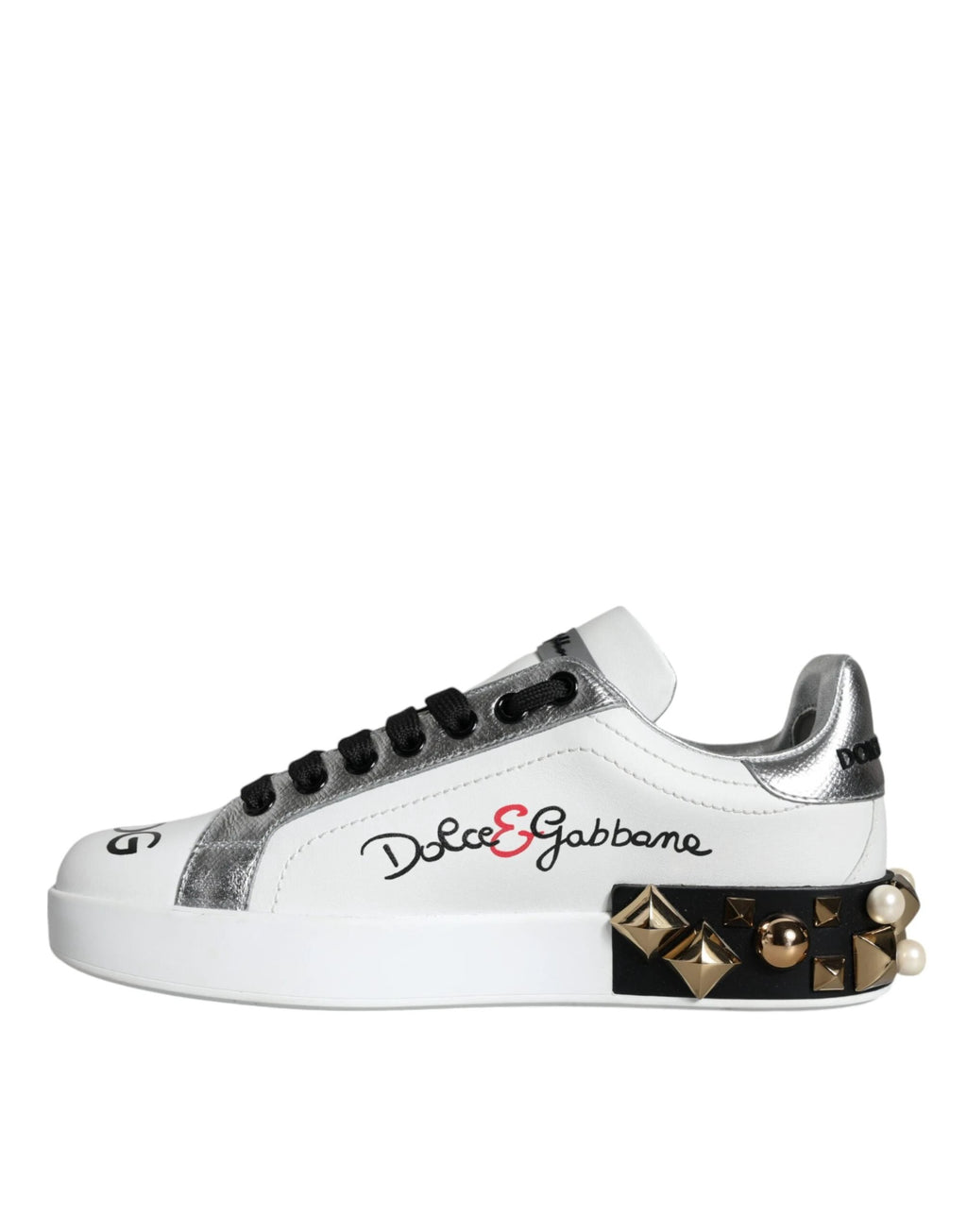 Dolce & Gabbana White Leather Floral Studded Sneakers Shoes by Dolce & Gabbana