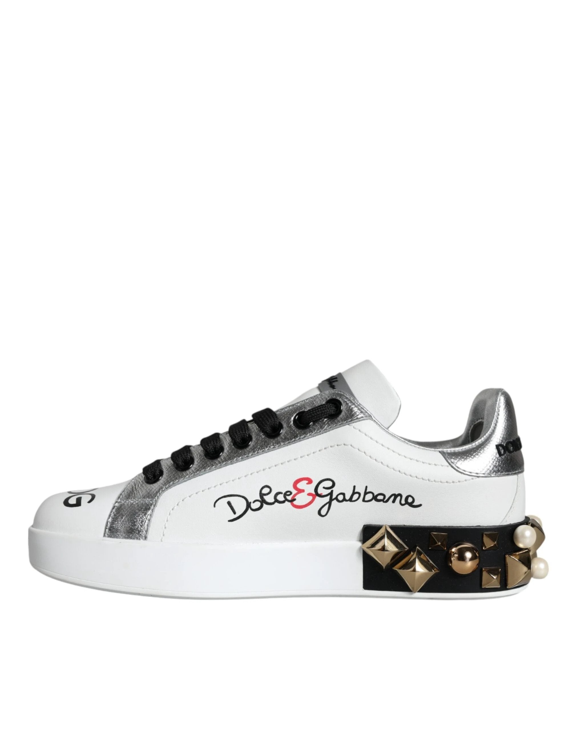 Dolce & Gabbana White Leather Floral Studded Sneakers Shoes by Dolce & Gabbana