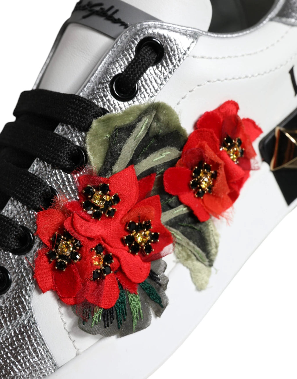 Dolce & Gabbana White Leather Floral Studded Sneakers Shoes by Dolce & Gabbana