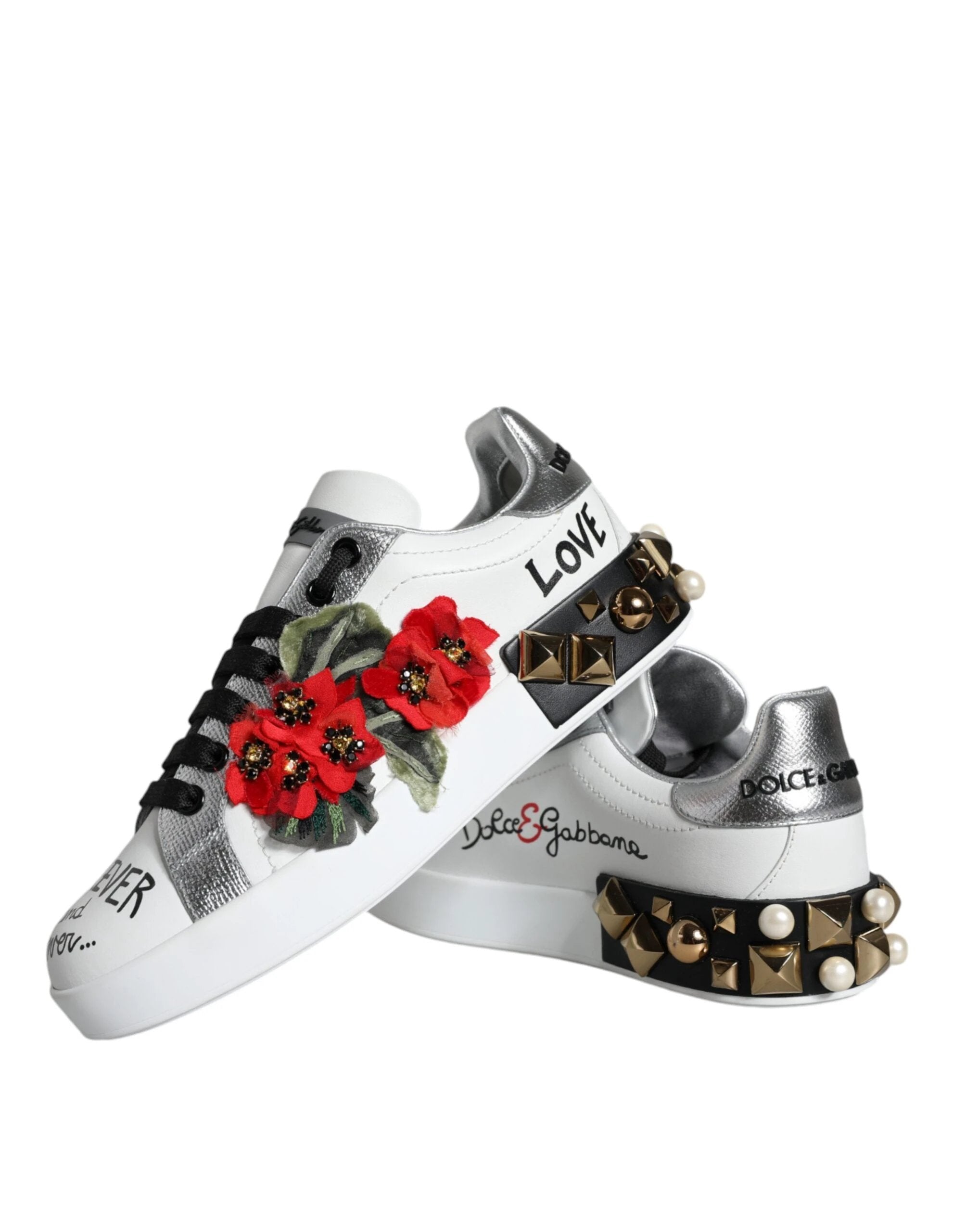 Dolce & Gabbana White Leather Floral Studded Sneakers Shoes by Dolce & Gabbana