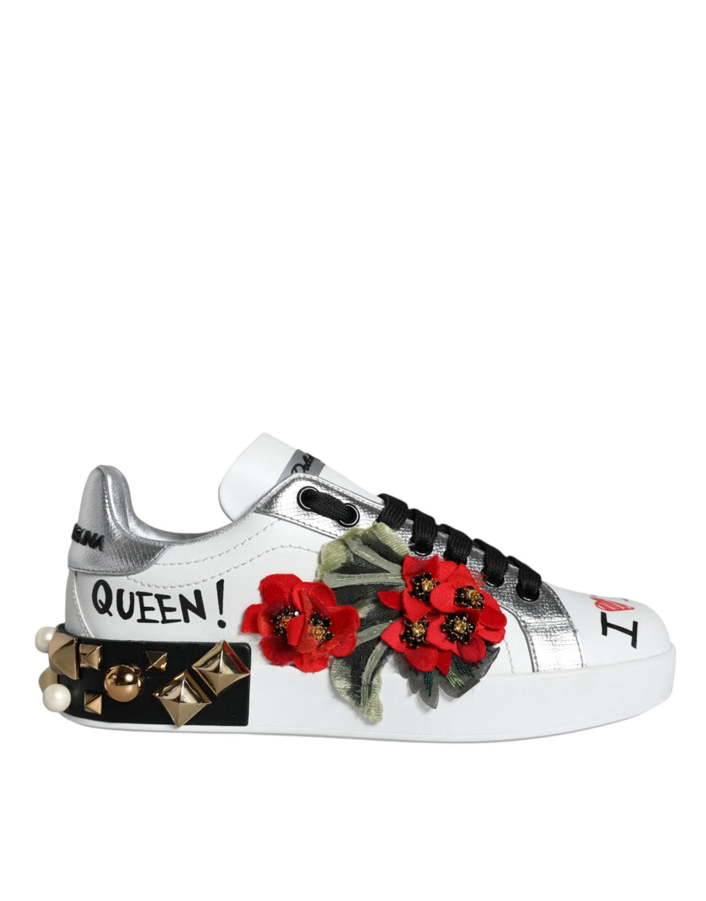 Dolce & Gabbana White Leather Floral Studded Sneakers Shoes by Dolce & Gabbana