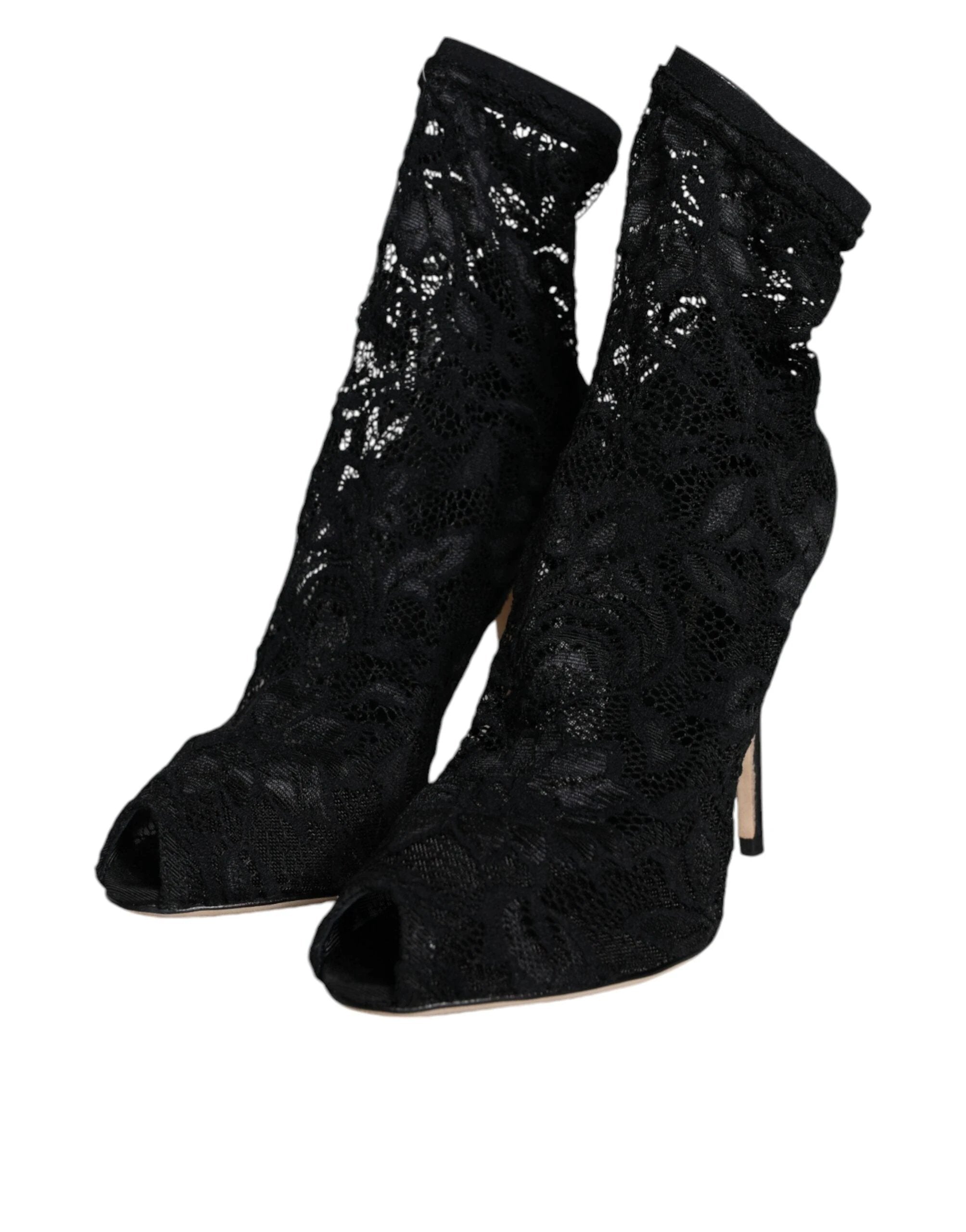 Dolce & Gabbana Black Lace Stretch Heels Mid Calf Boot Shoes by Dolce & Gabbana