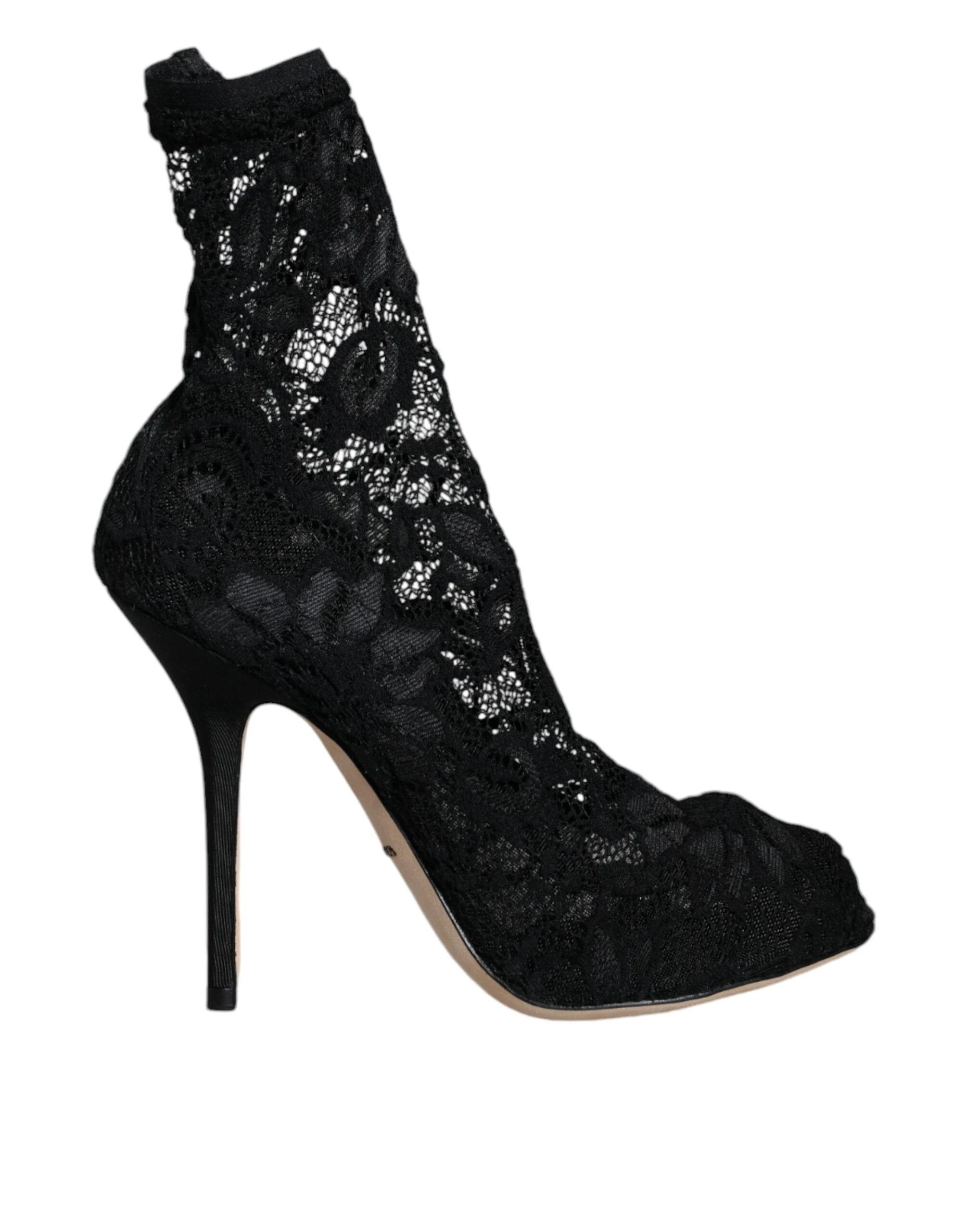 Dolce & Gabbana Black Lace Stretch Heels Mid Calf Boot Shoes by Dolce & Gabbana