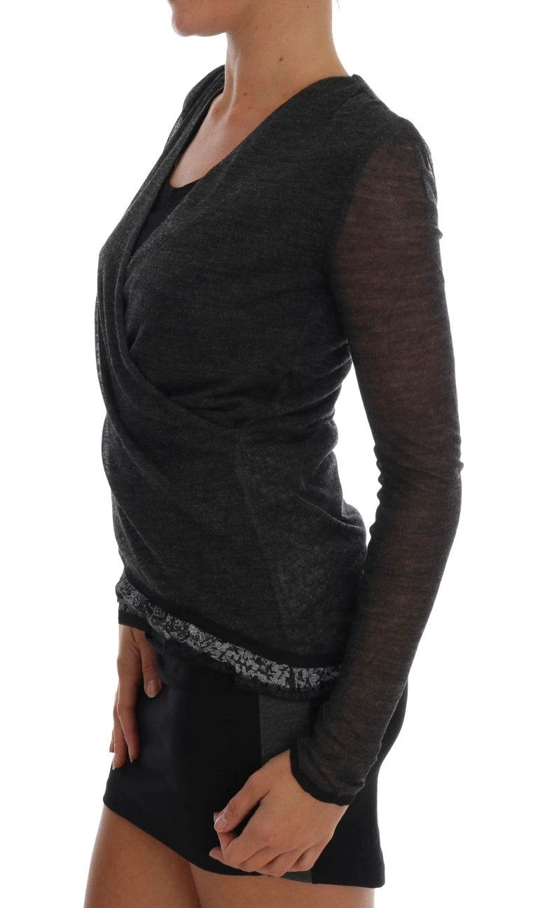 Ermanno Scervino Gray Wool Lace Top Long Sleeved T-shirt by Ermanno Scervino
