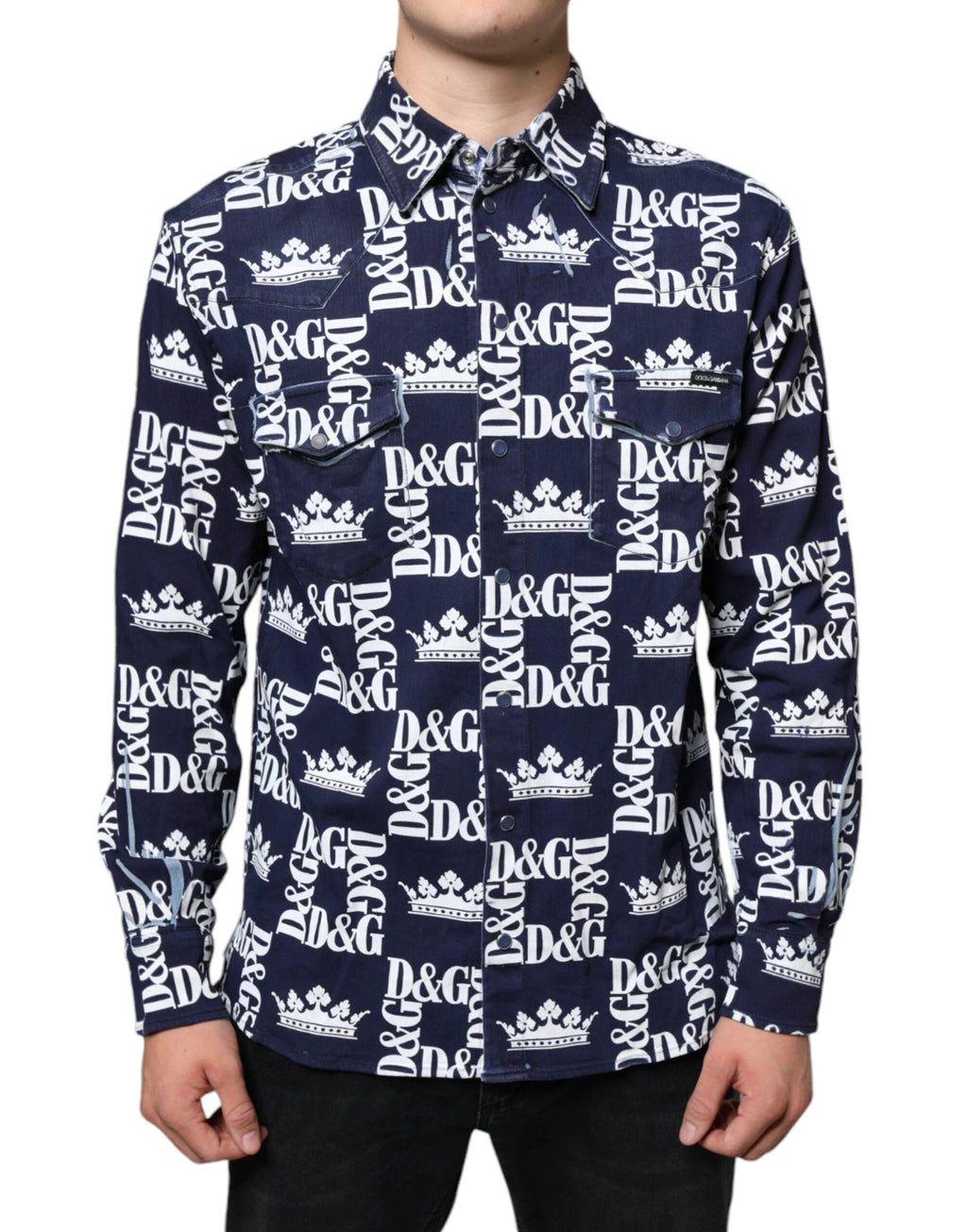 Dolce & Gabbana Blue Crown Logo Print Slim Fit Cotton Shirt by Dolce & Gabbana